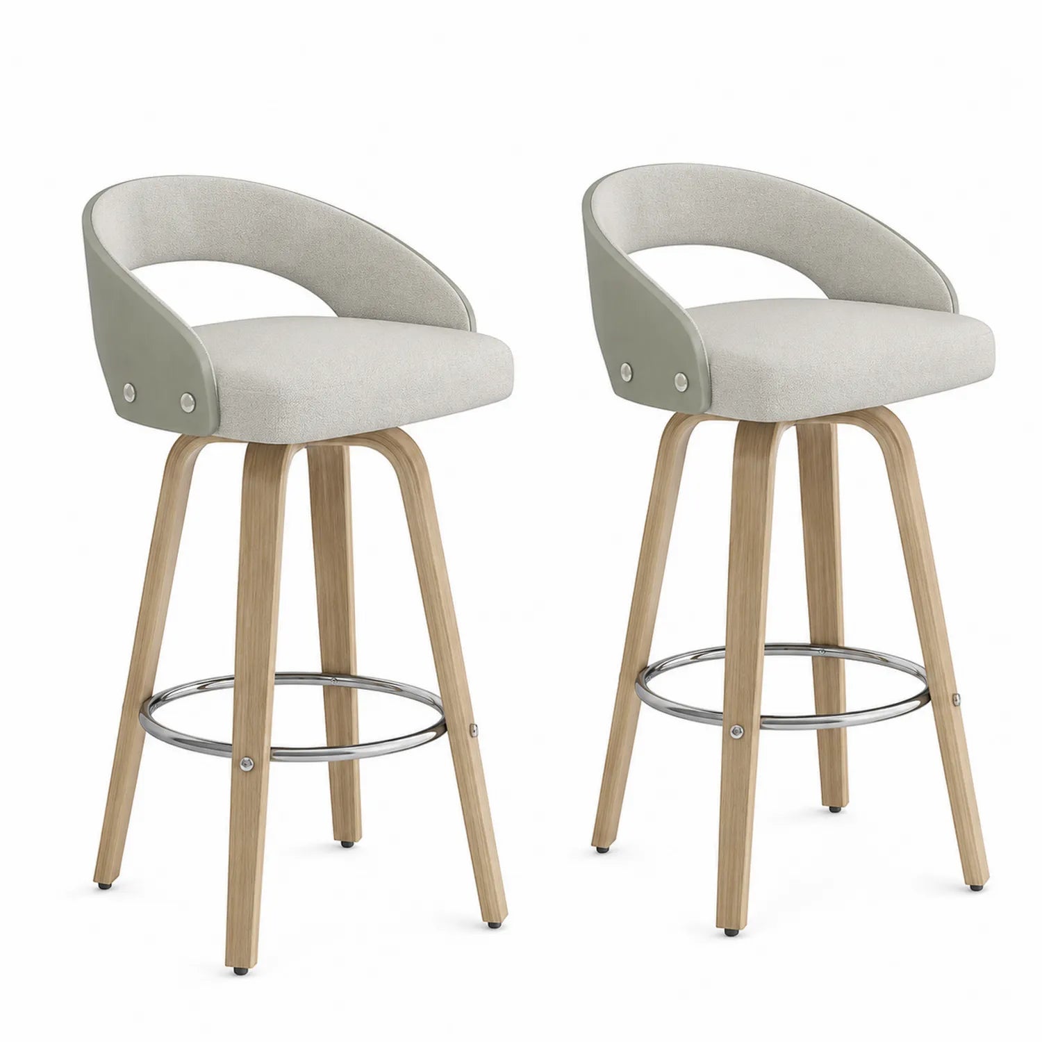 2er Set Barhocker Holz mit Stoffbezug, PU, Edelstahl in Beige/Grau