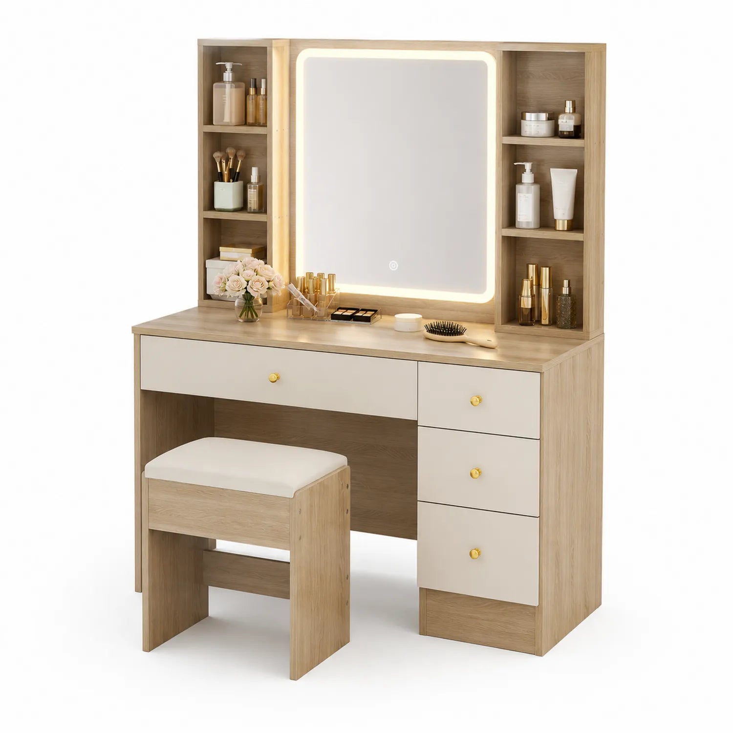 Schminktisch Holzoptik mit Spiegel und LED-Beleuchtung