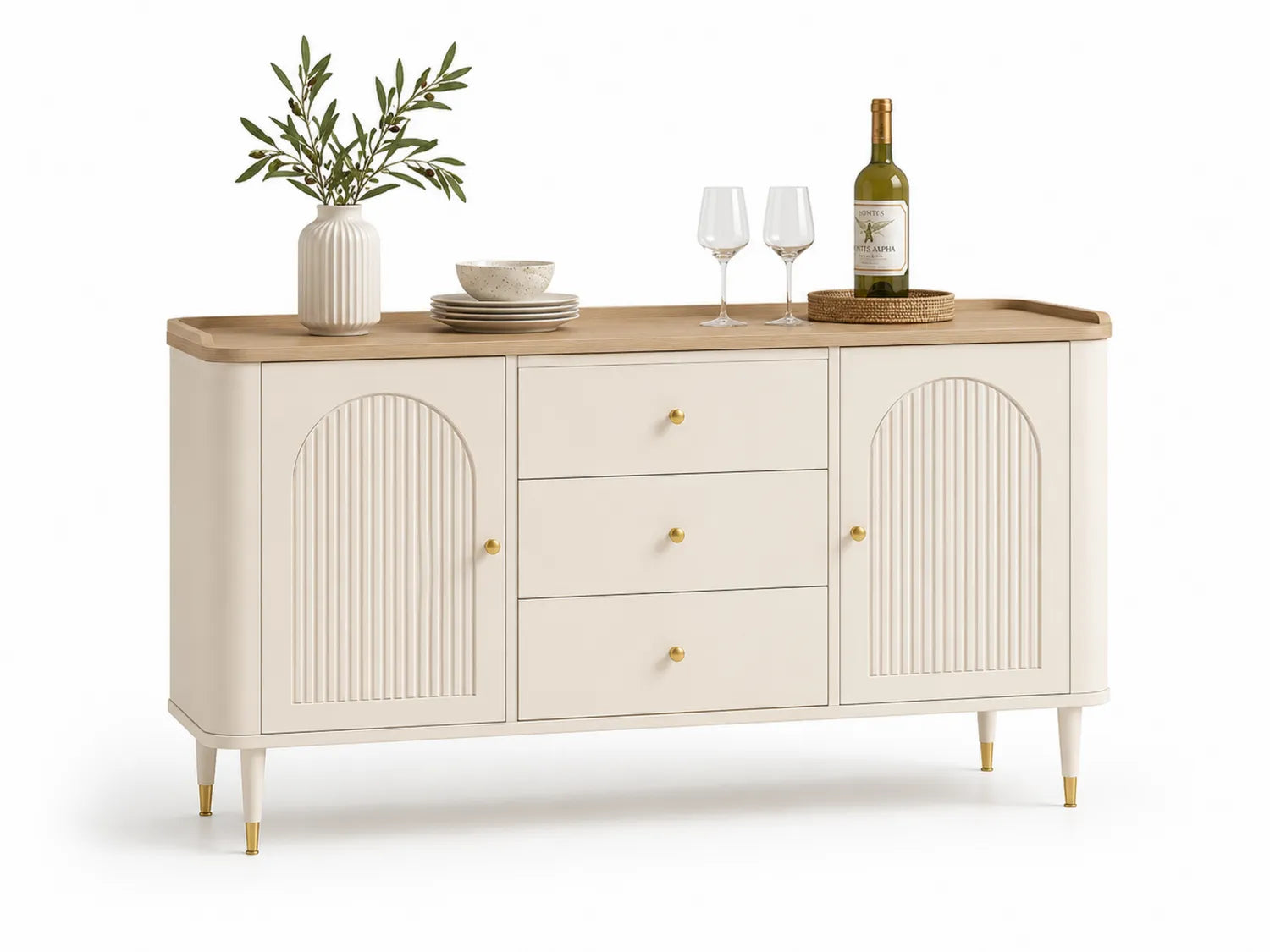 Sideboard Holz MDF Creme mit Eichenfurnier und 3 Schubladen