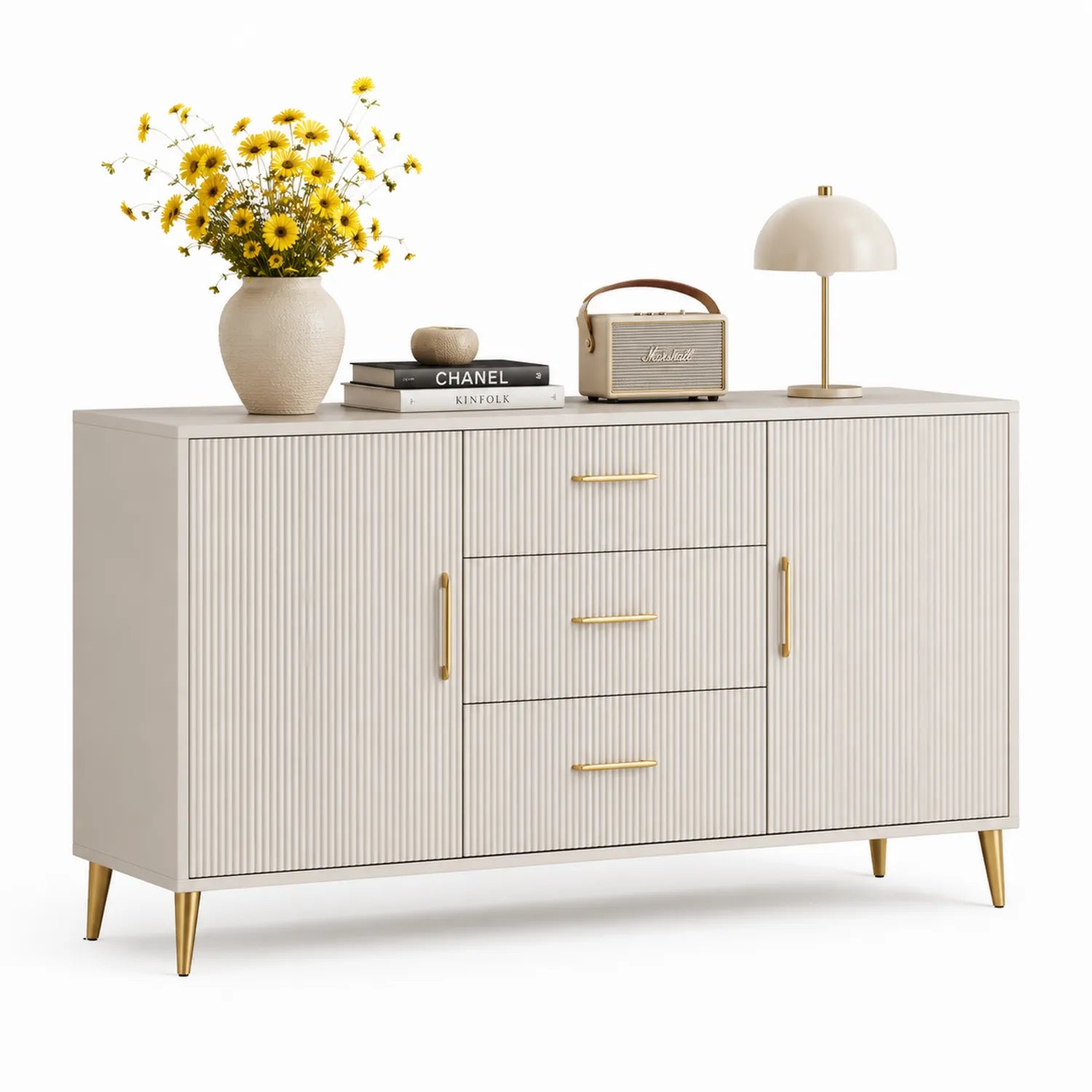Sideboard MDF Holzfaserplatte Cremeweiß mit Metallbeinen