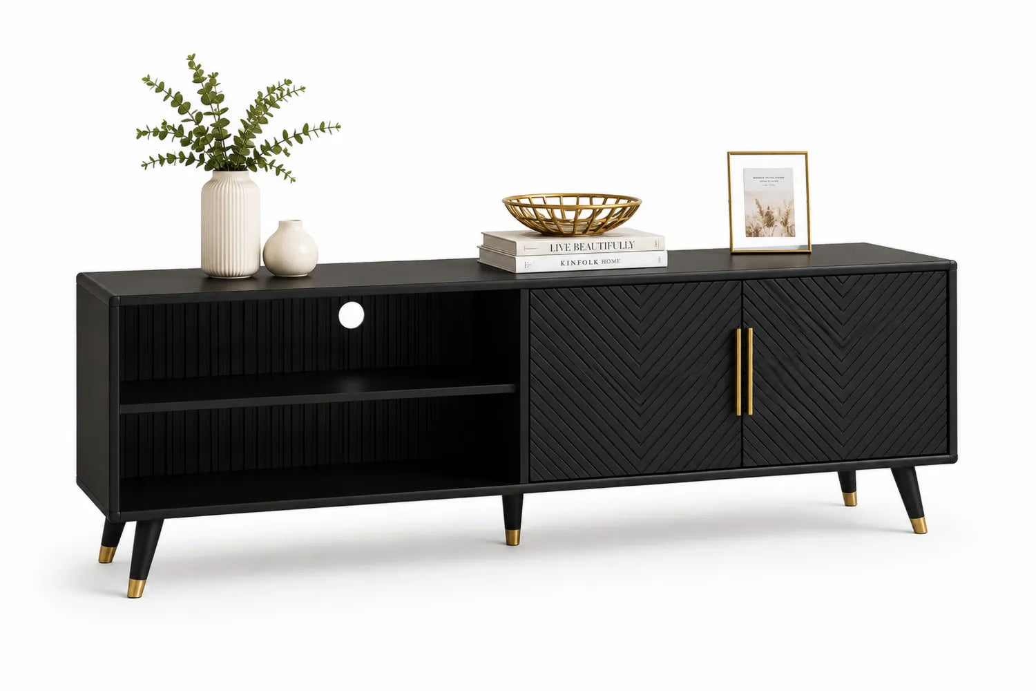 TV-Möbel mit zwei Türen und Regal aus MDF Holz schwarz 180x45x50 cm