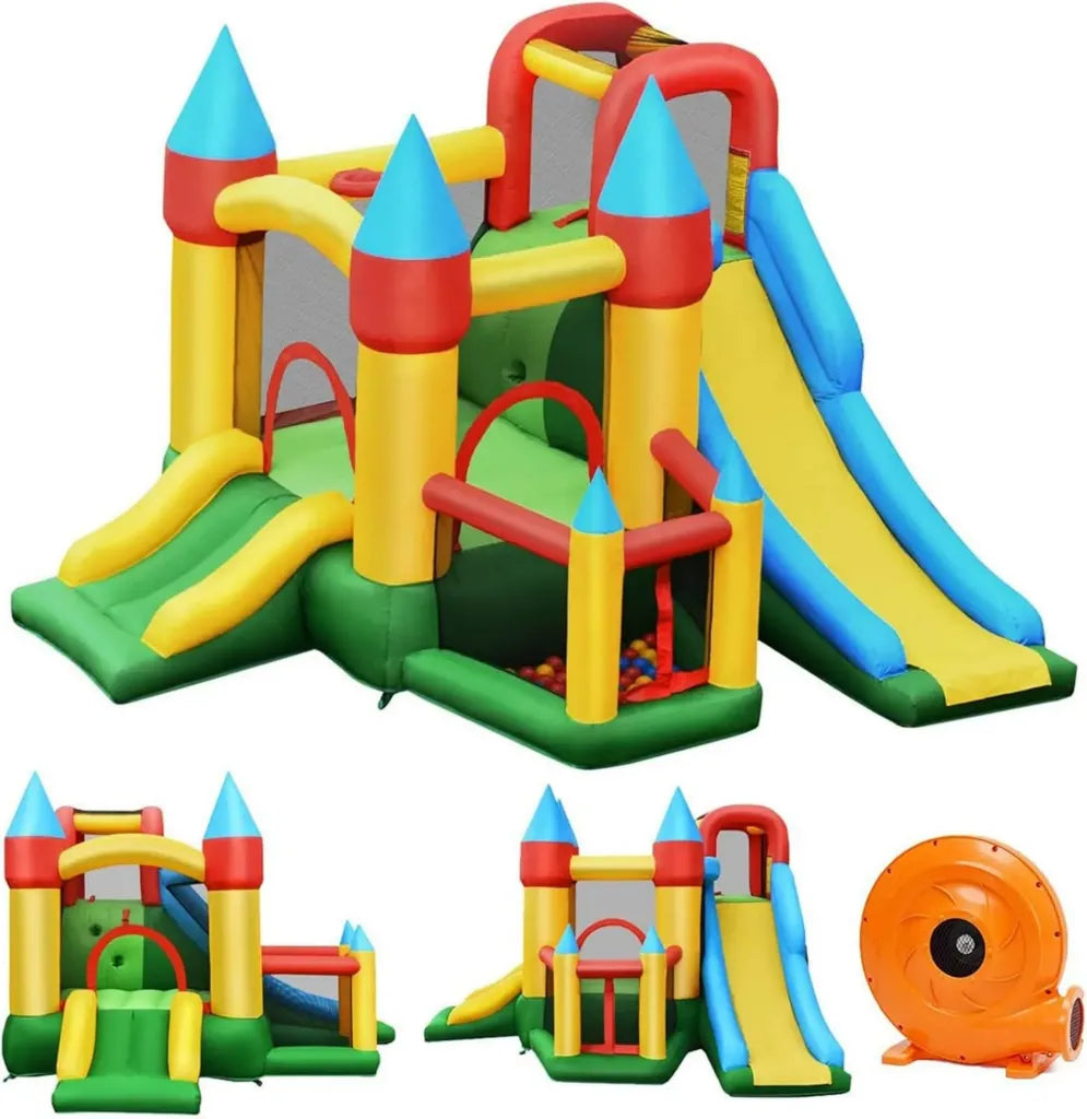 Aufblasbare Hüpfburg mit Gebläse, 330x300x210 cm, Doppelte Rutschen & Sprungfläche, Inklusive 60 Ozeanbälle, Ideal für Garten, Park & Kinderparty