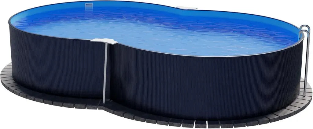 Stahlwandpool Achtform 470x300x120 cm, Anthrazit, mit blauer Folie und Einhängesystem