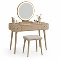 Schminktisch Set mit rundem LED-Spiegel aus MDF-Holz und Stoff, Beige