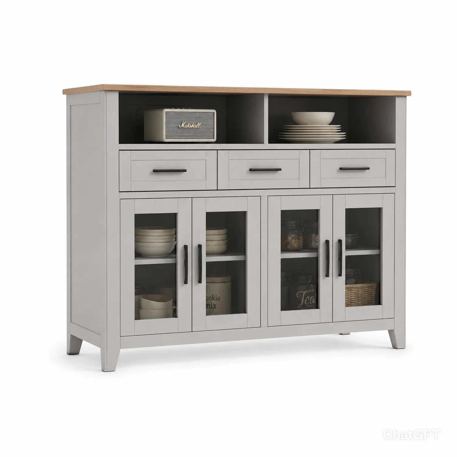 MDF Anrichte mit 4 Glastüren und 3 Schubladen Grau