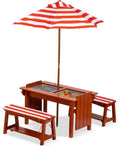BRINJOY Kindersitzgruppe mit Sonnenschirm, multifunktionaler Picknicktisch mit abnehmbaren Boxen und Sitzpolster, 4-in-1 Sand- und Wasserspieltisch für Garten und Terrasse in Rot