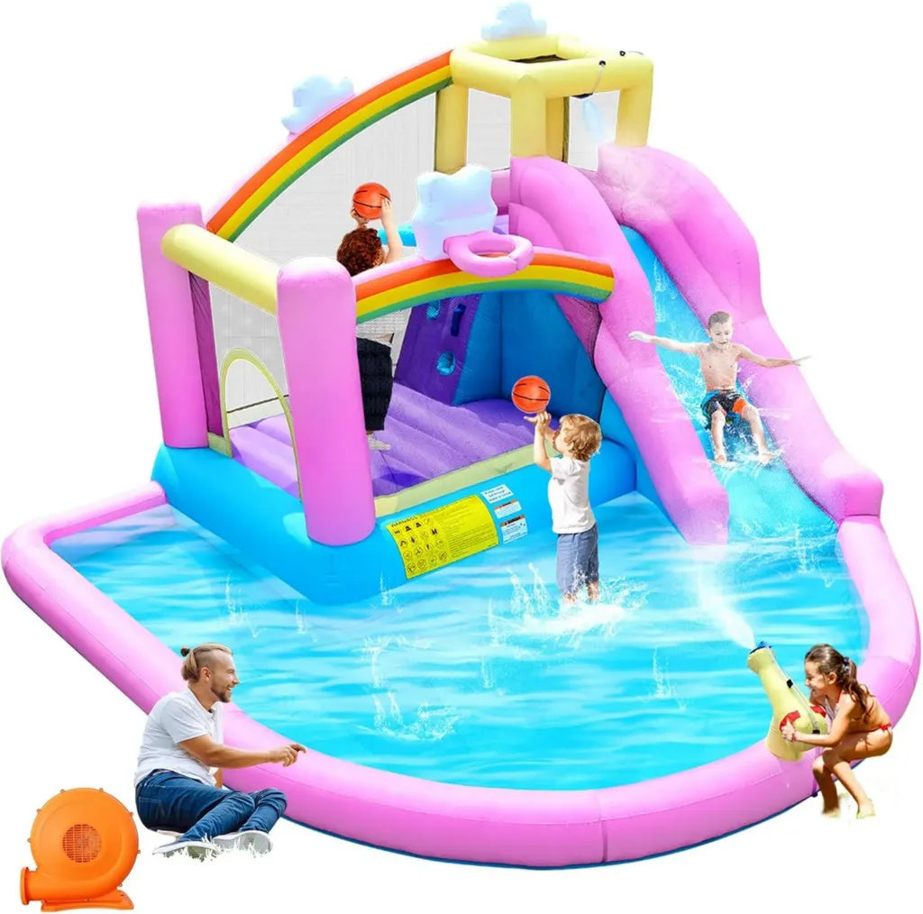 Wasserspiel-Hüpfburg mit Rutsche, Kletterwand und Basketballkorb, inkl. Gebläse für Kinder, ideal für den Garten, 365x390x238cm