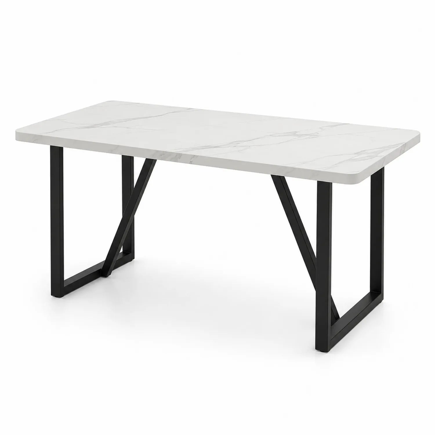 Esstisch 200x90 cm Marmorierte Keramik Weiß Schwarz Metallgestell