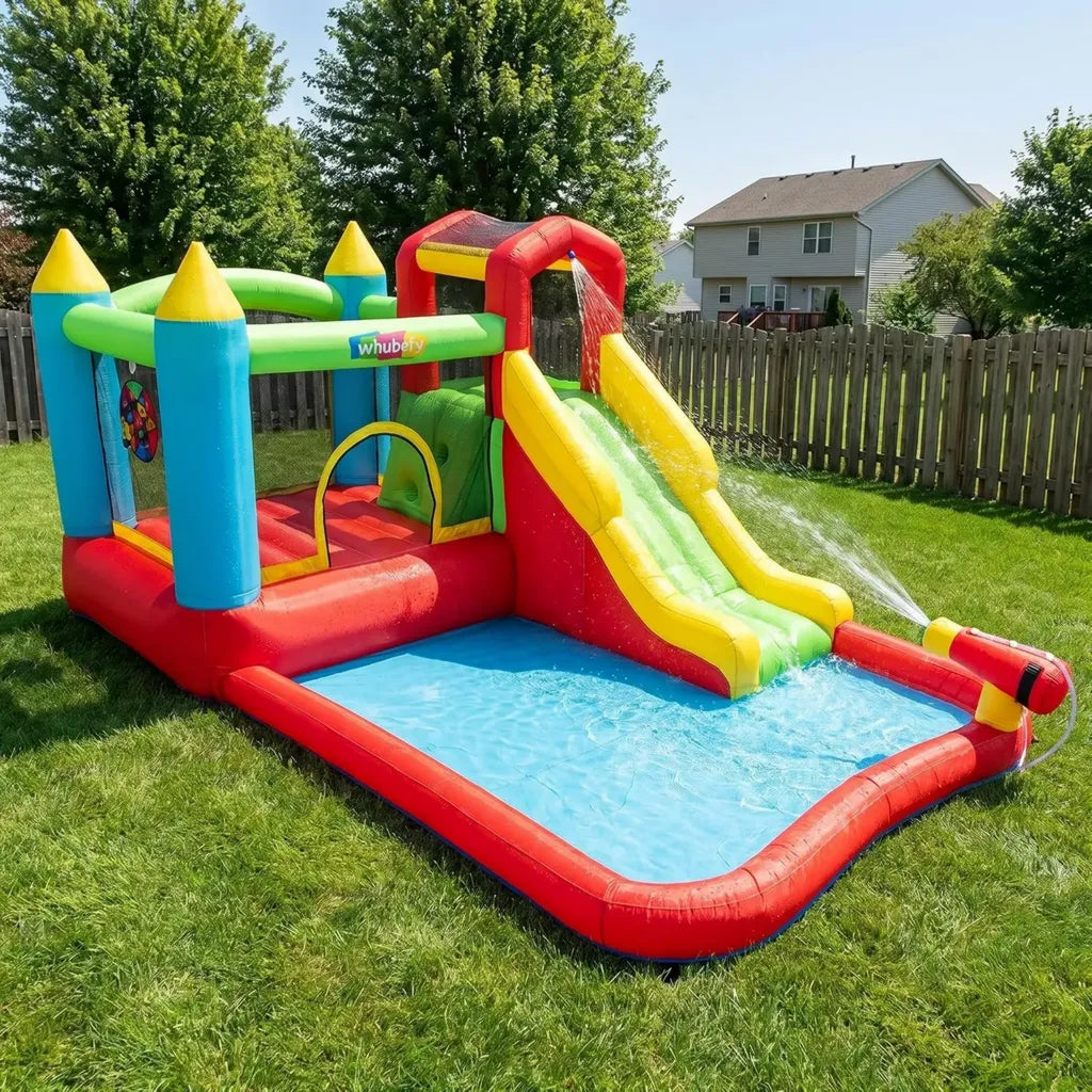 Aufblasbare Wasserrutsche 4m mit Trampolin und Spritzbecken für Sommerpartys