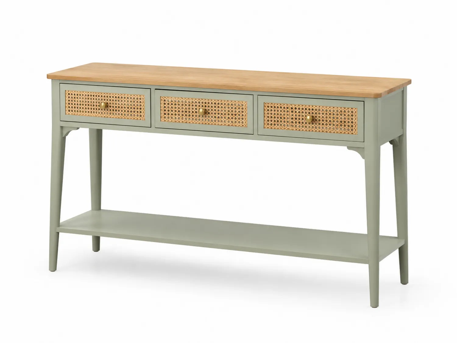 Konsolentisch aus Kiefernholz und Rattan, Salbeigrün
