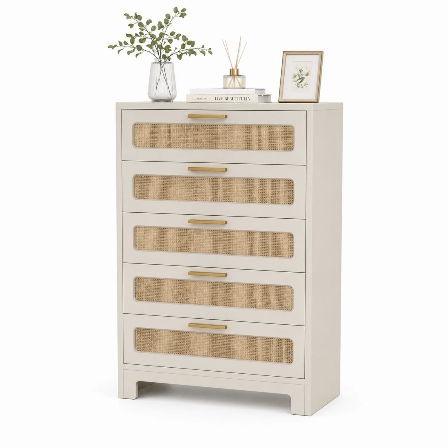 Holzkommode mit 5 Schubladen und Rattangeflecht Beige