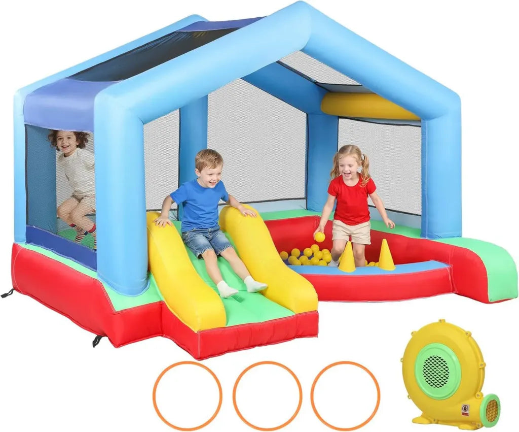 Kinder aufblasbare Hüpfburg mit Gebläse, 4-in-1 Spielplatz mit Rutsche und Ballpool, geeignet für drinnen und draußen