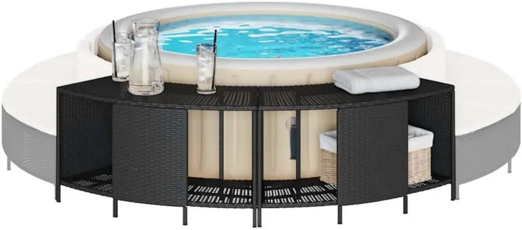 2er Set Schwarze Outdoor-Regale aus Poly Rattan für Whirlpool, platzsparend und wetterfest, mit Stauraum für Poolzubehör
