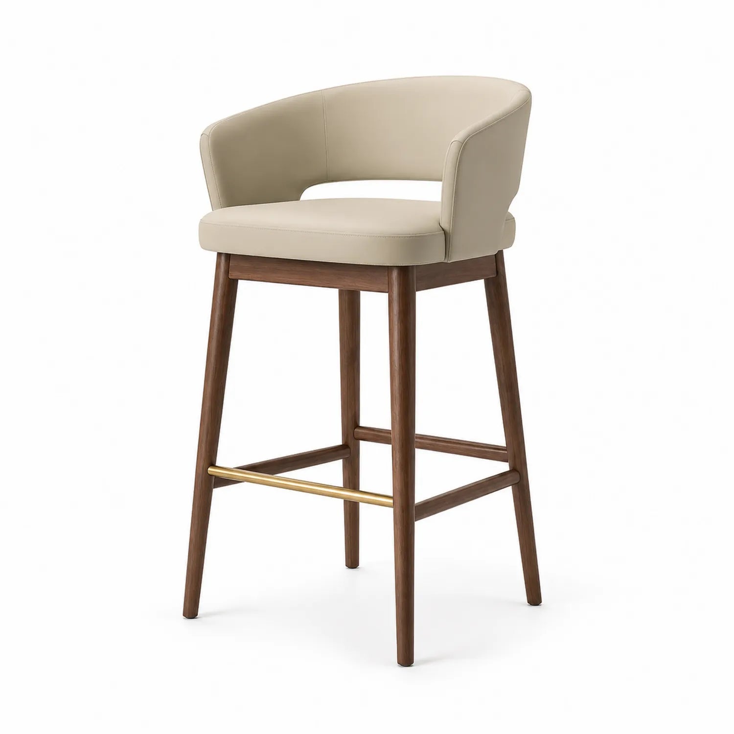 Barhocker mit runder Rückenlehne aus Leder Beige und Holzgestell