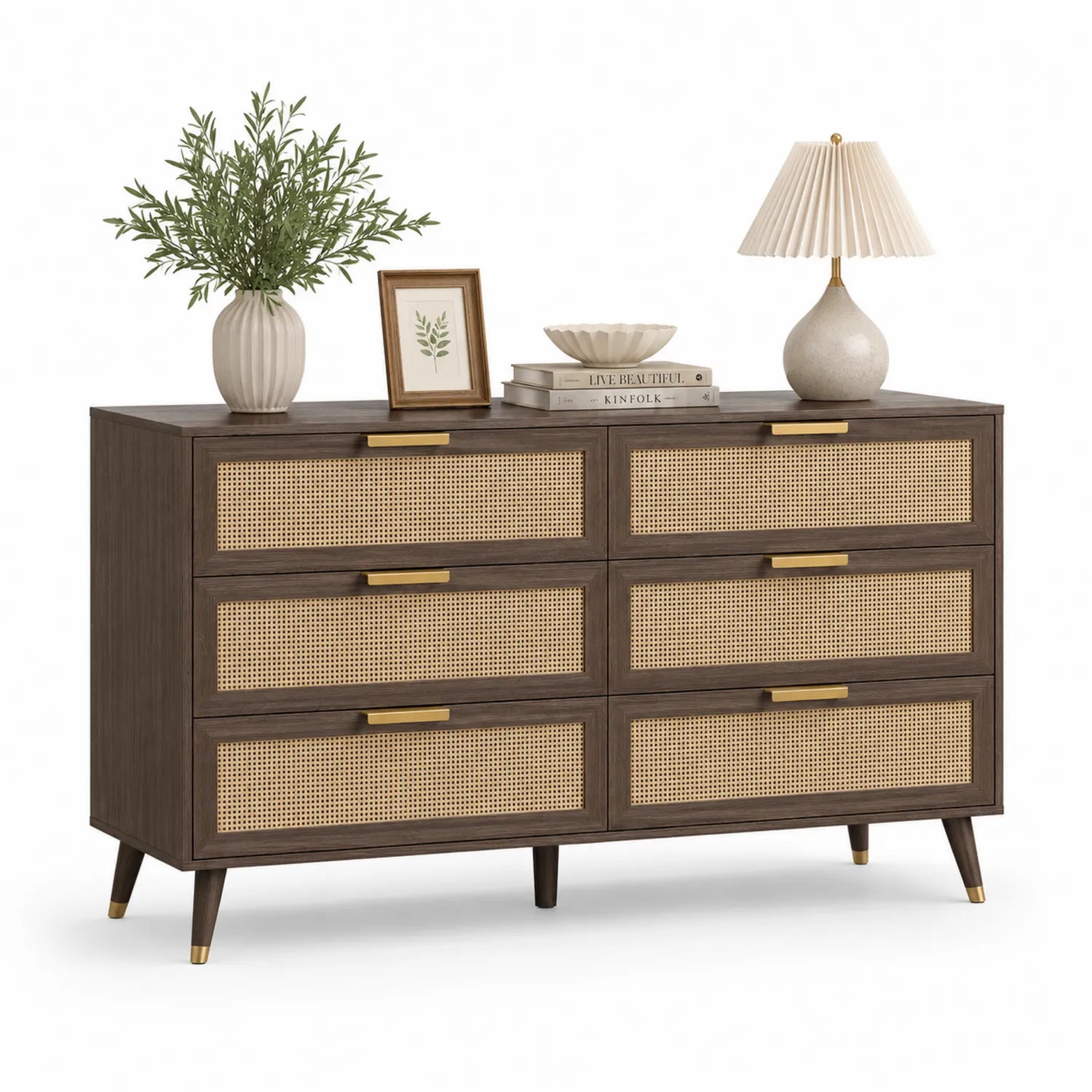 Holz und Rattan Kommode mit 6 Schubladen Dunkelbraun