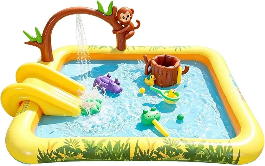 Aufblasbarer Kinderpool mit Rutsche und Sprühfunktion - Dschungel-Design 214 x 167 x 85 cm für Garten und Terrasse