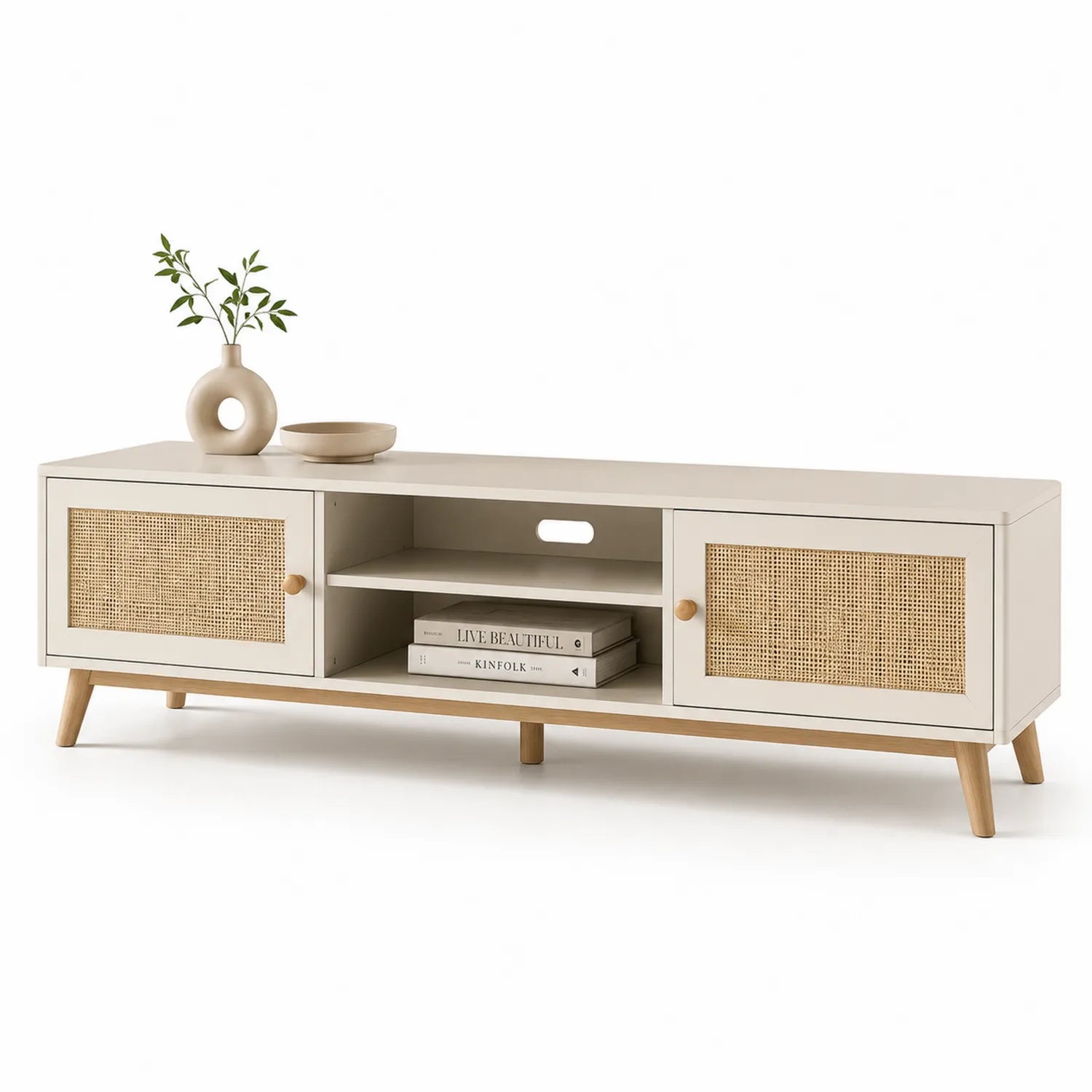 TV-Möbel mit Rattangeflecht Türen 180 cm MDF und Kiefernholz Weiß