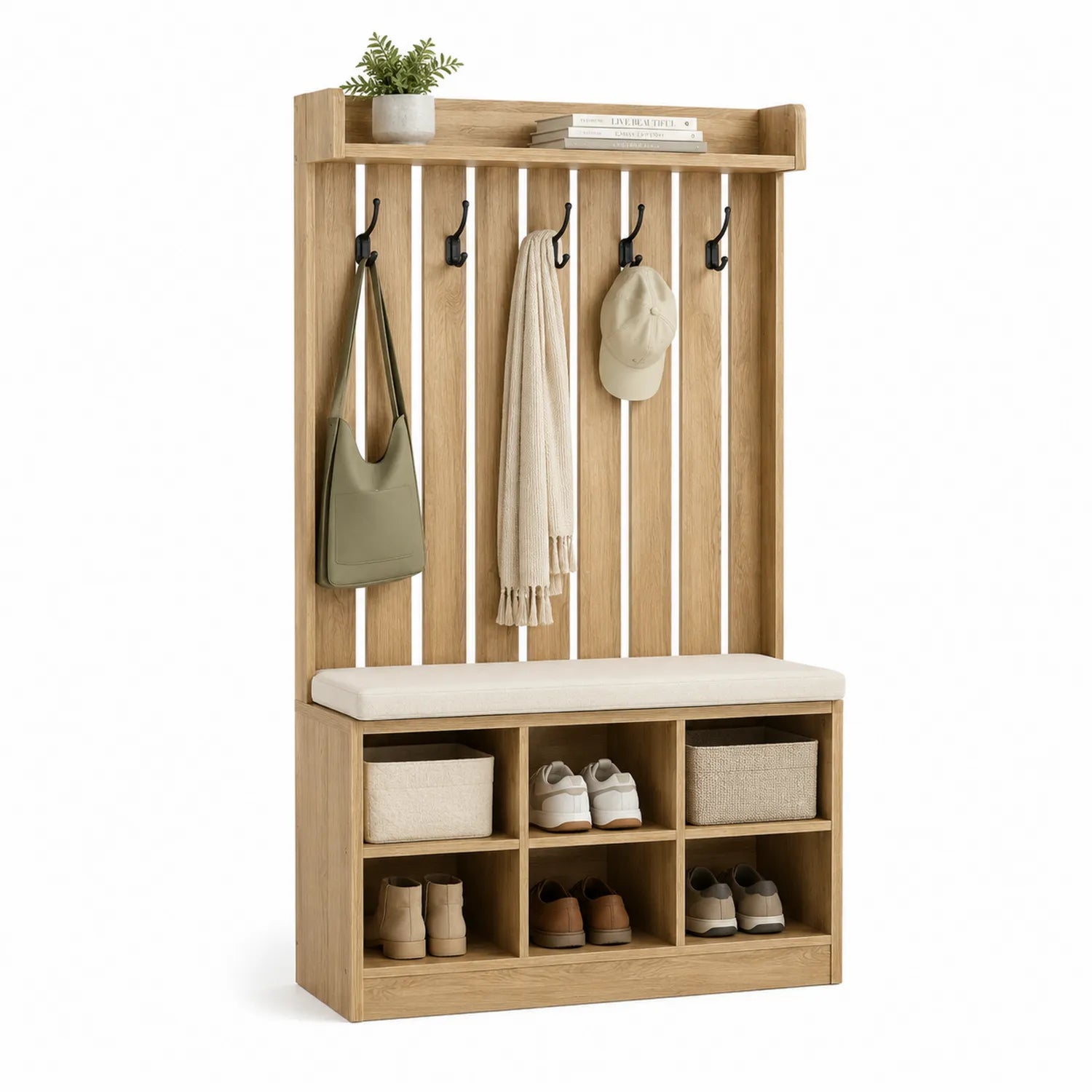 Holzgarderobe mit Sitzbank und Stauraum, Natur