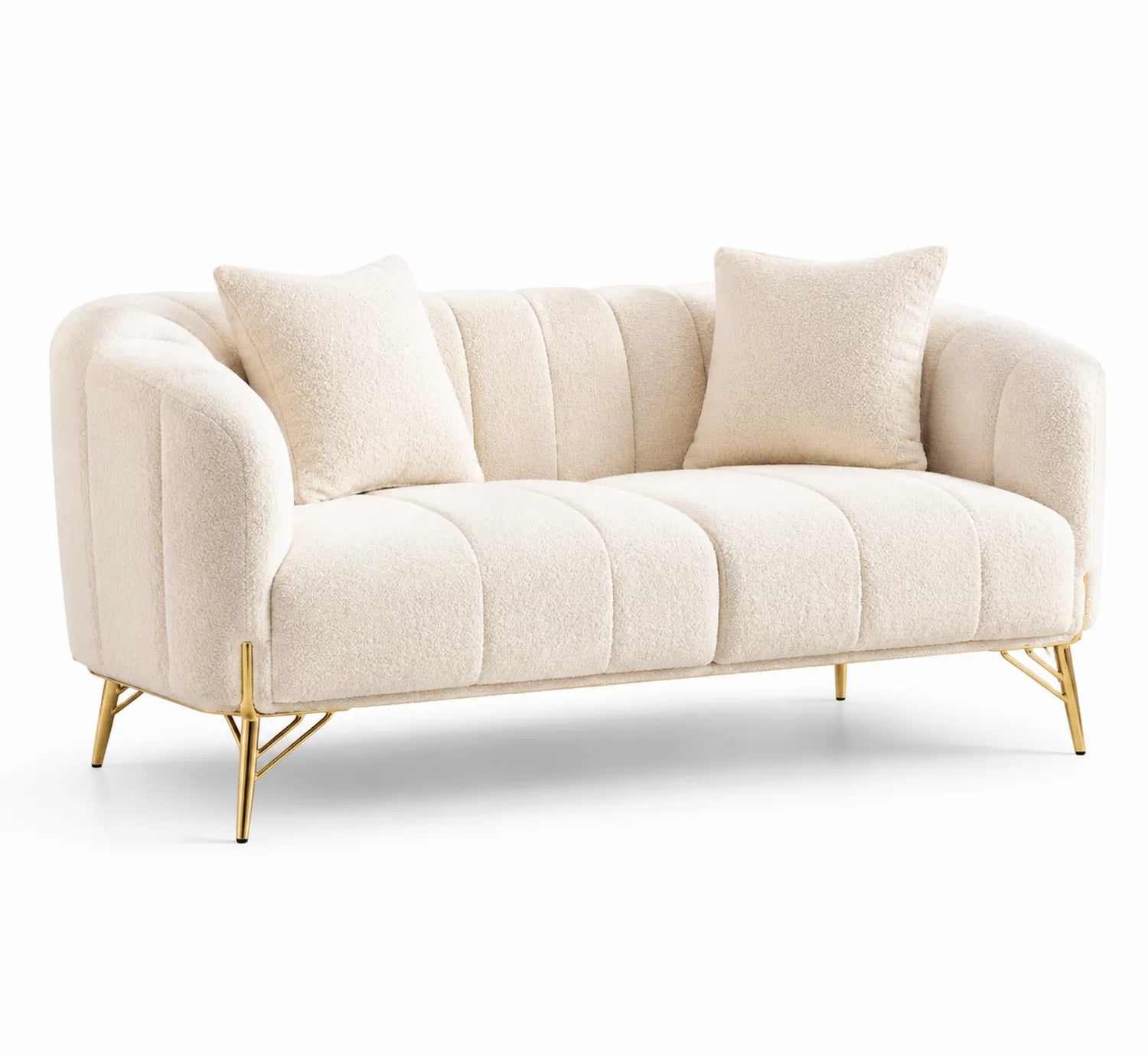 2-Sitzer Sofa aus Bouclé-Stoff mit goldenen Metallbeinen in Beige