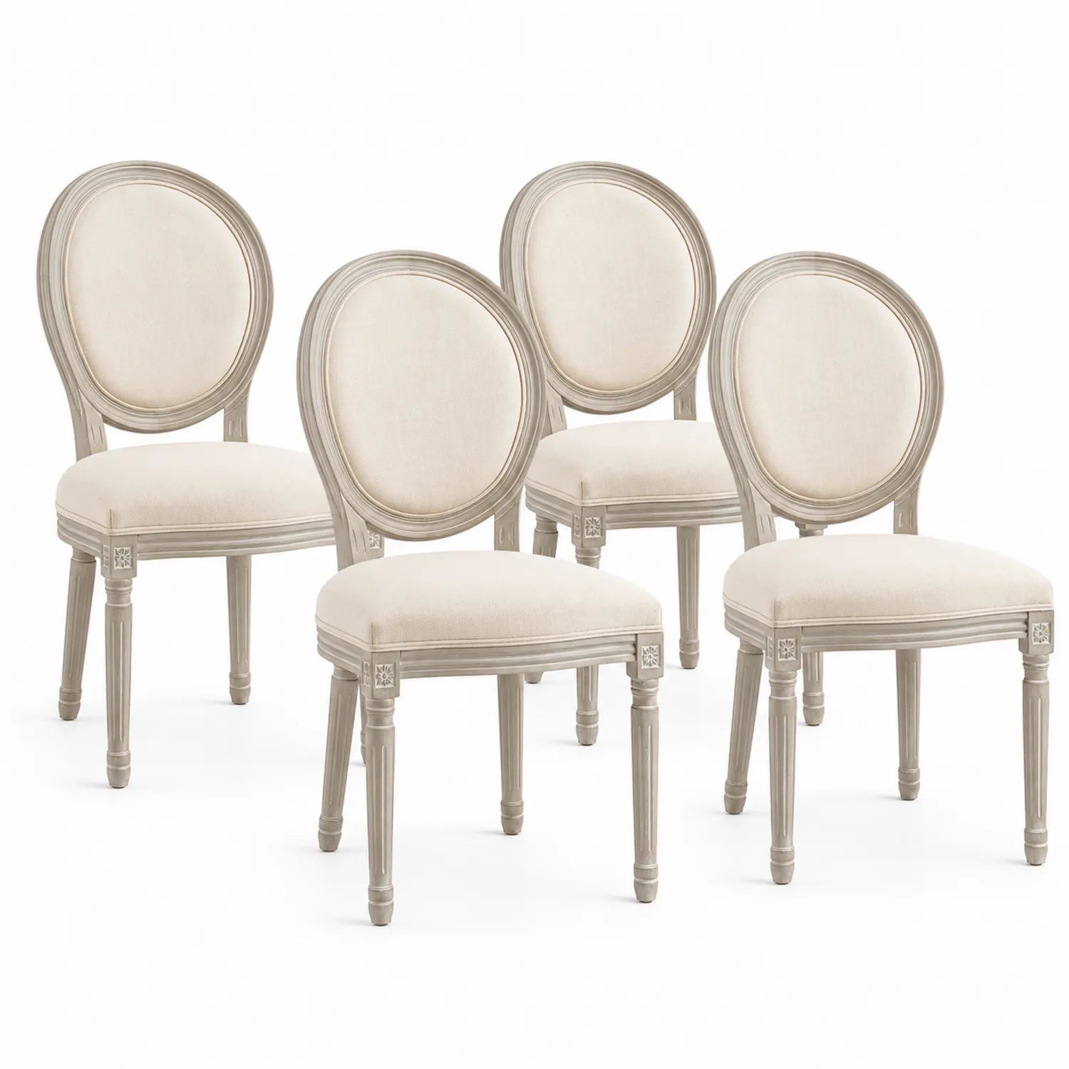 Esszimmerstuhl Set aus Holz und Leinen, ovaler Rücken, Creme, 4er Set