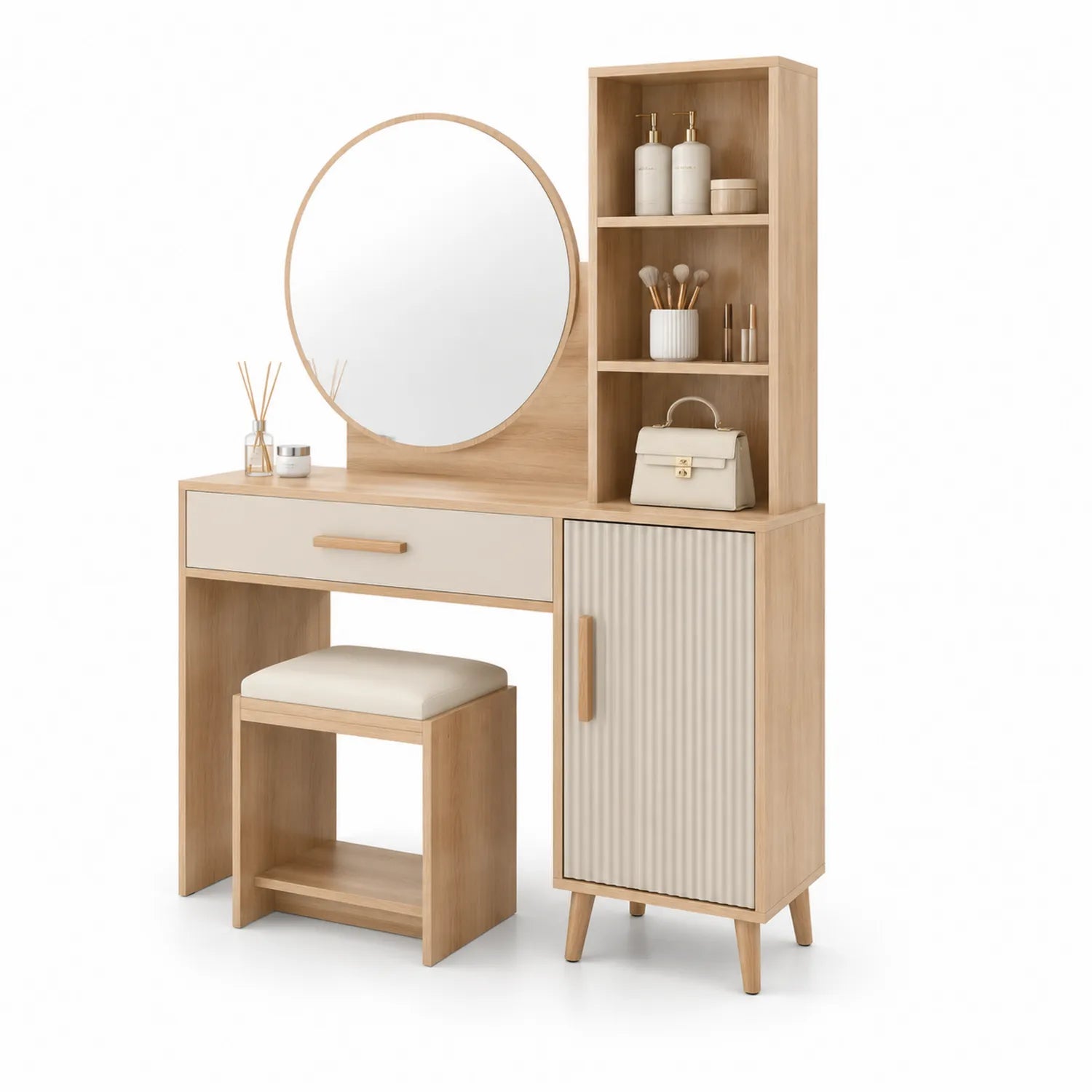 Schminktisch Set mit Spiegel aus Eichenholz und MDF, 120 cm, Eiche und Creme