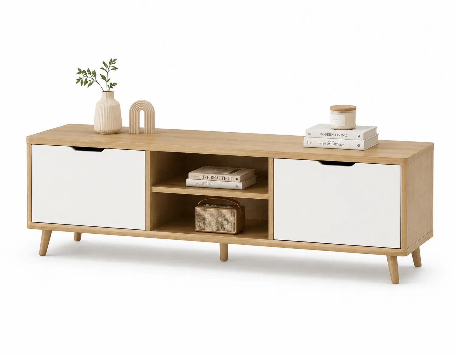 TV-Schrank Eiche/Weiß mit Eiche-MDF Fronten