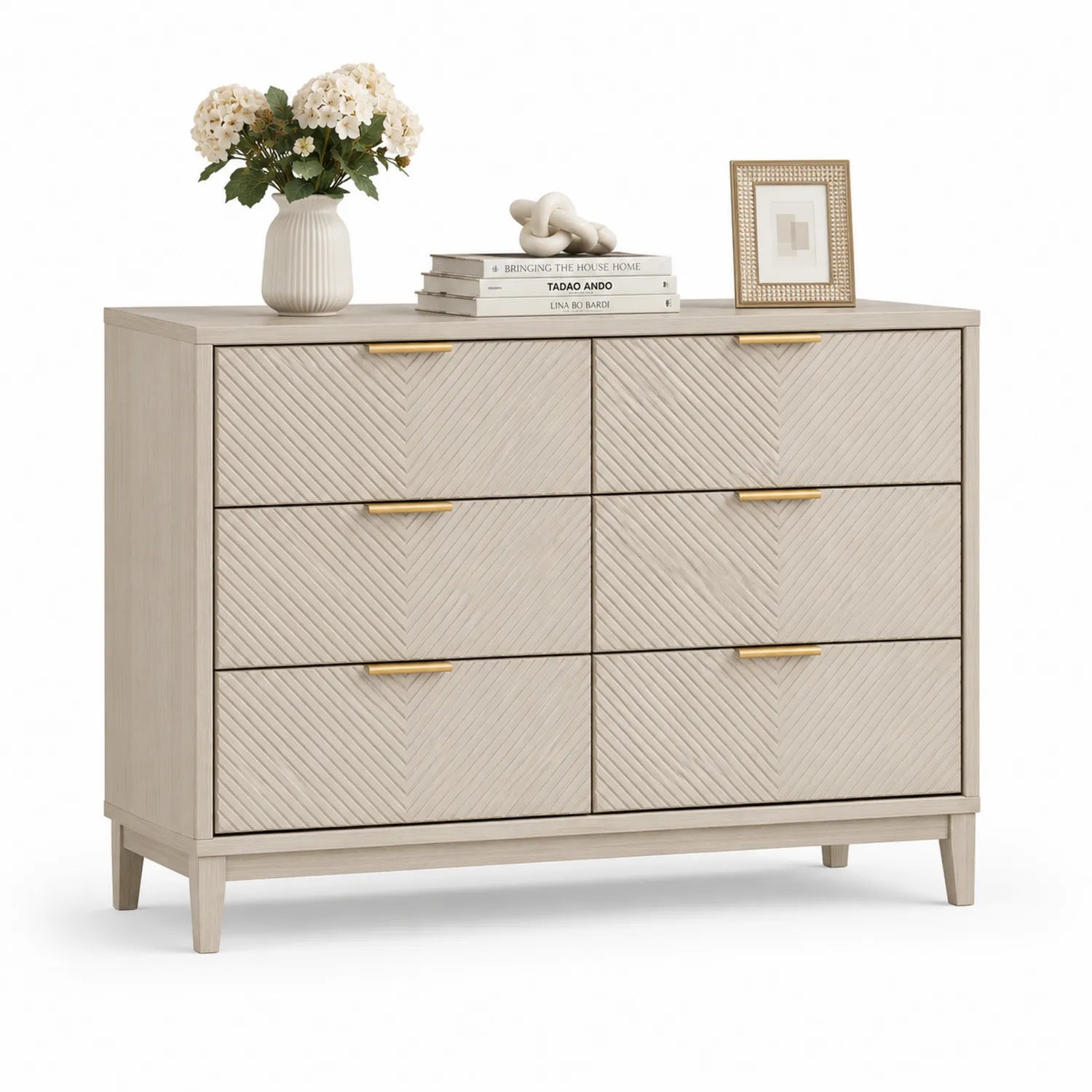 Kommode mit 6 Schubladen aus MDF, Beige mit goldenen Griffen