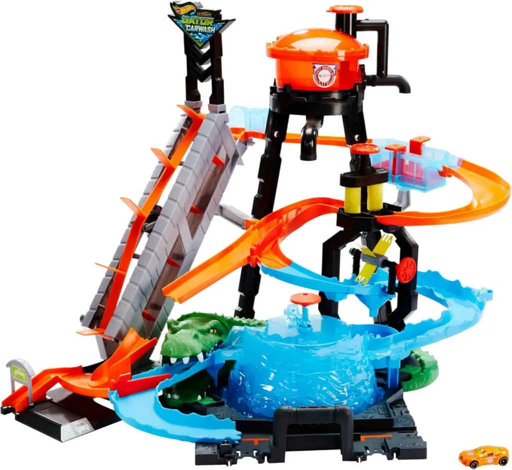 Hot Wheels Rennbahn mit Krokodil, Waschanlage und Farbwechsel, inkl. Spielzeugauto, ab 5 Jahren