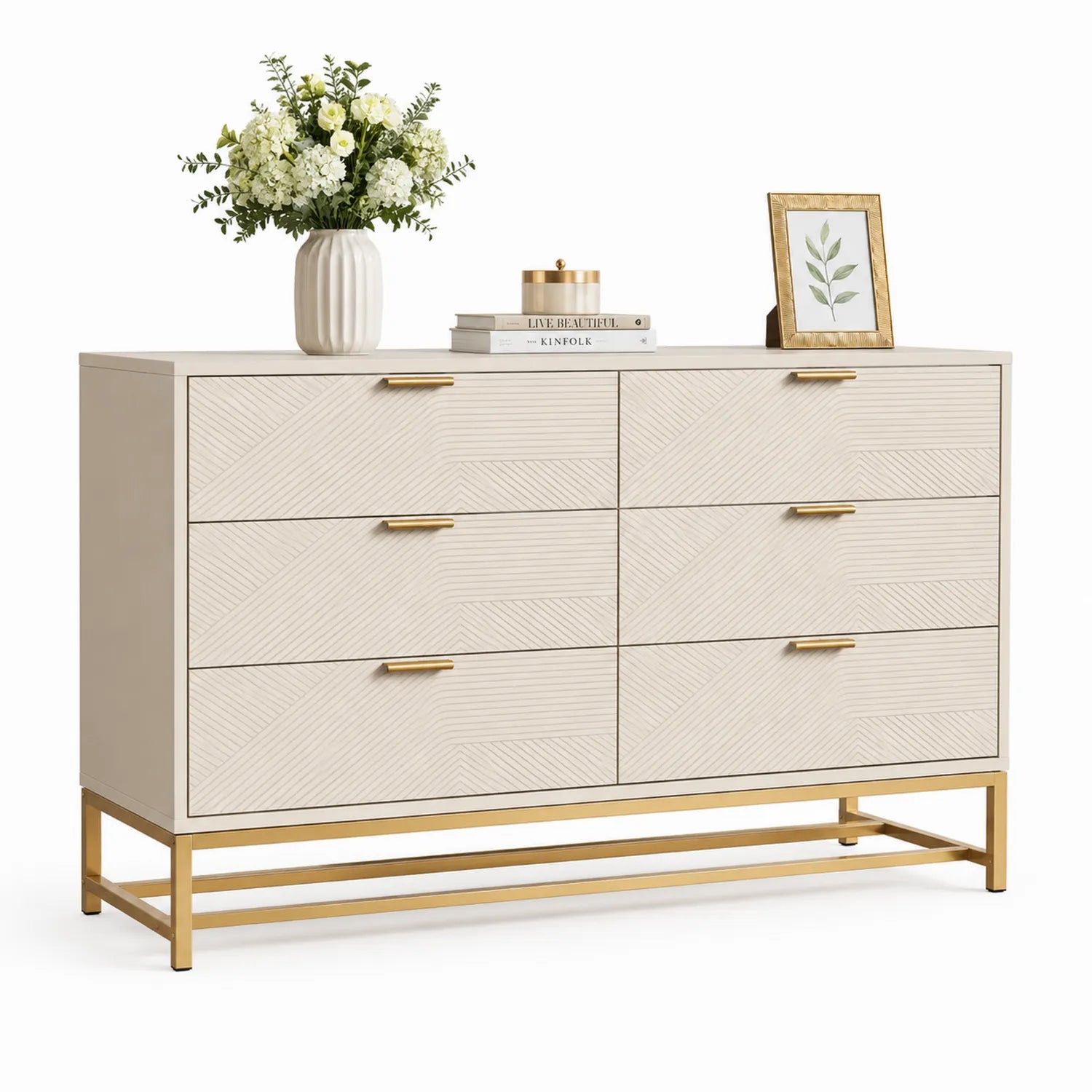 Kommode aus MDF und Metall mit 6 Schubladen Weiß/Gold
