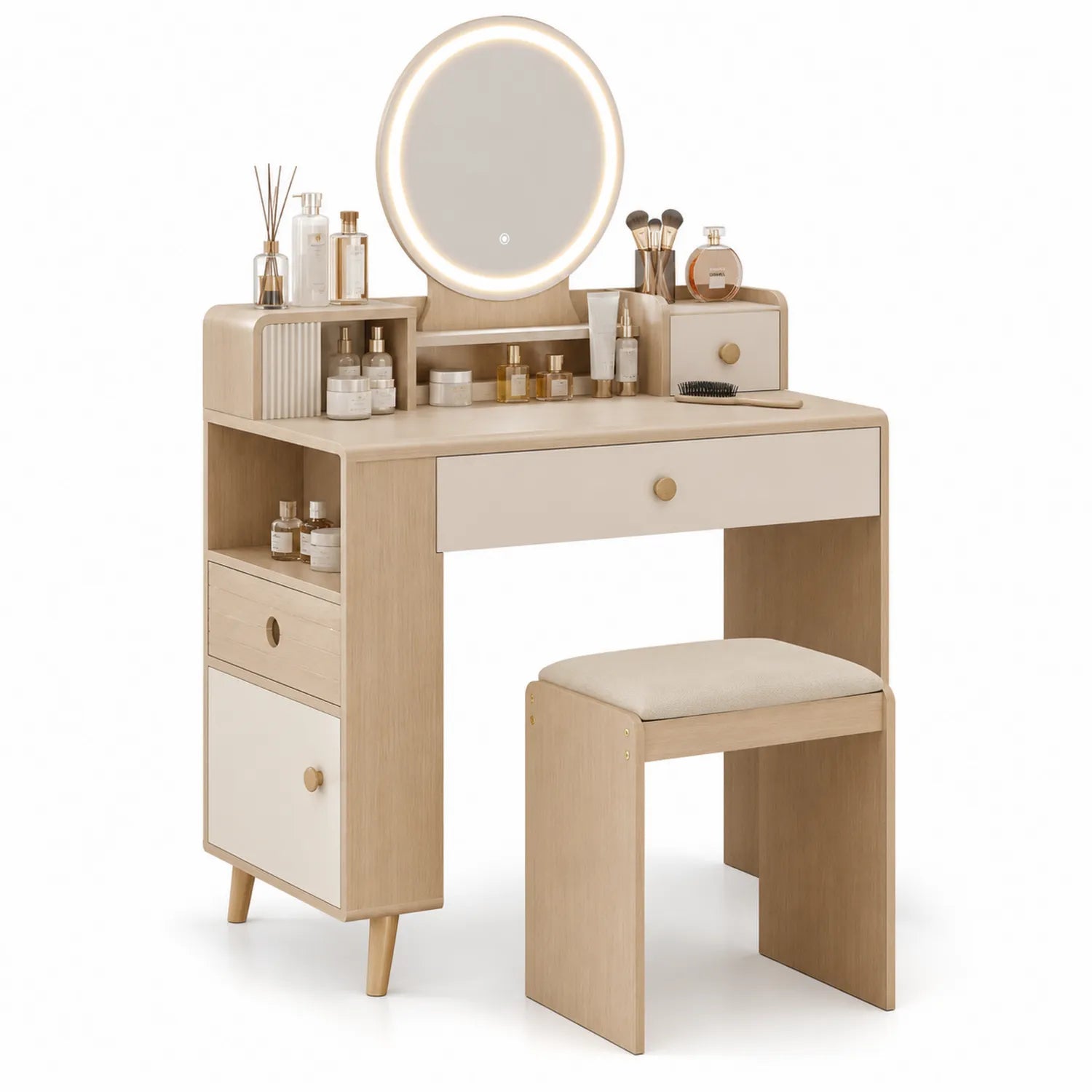 Schminktisch Set mit LED-Spiegel MDF Beige