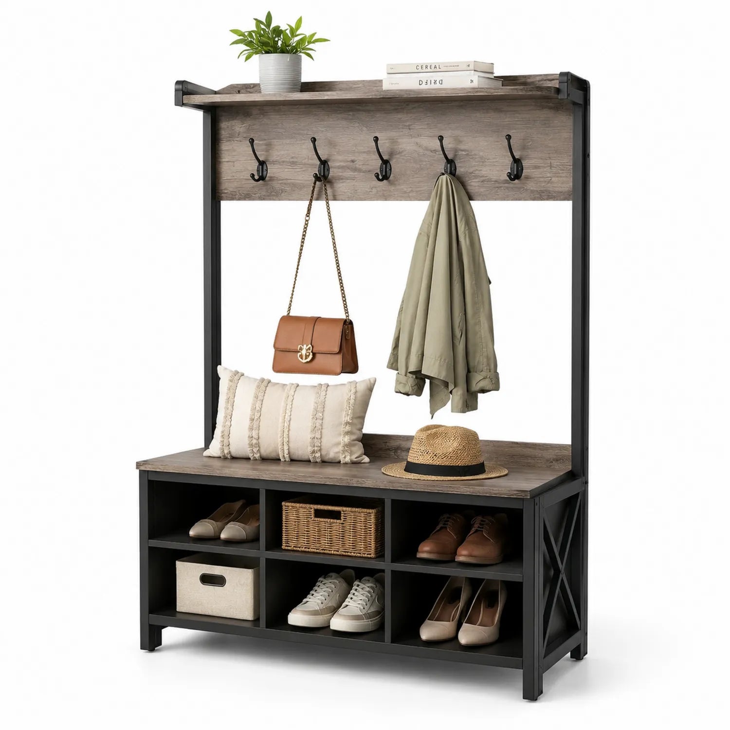 Garderobenständer mit Sitzbank aus Holz und Metall Braun/Schwarz