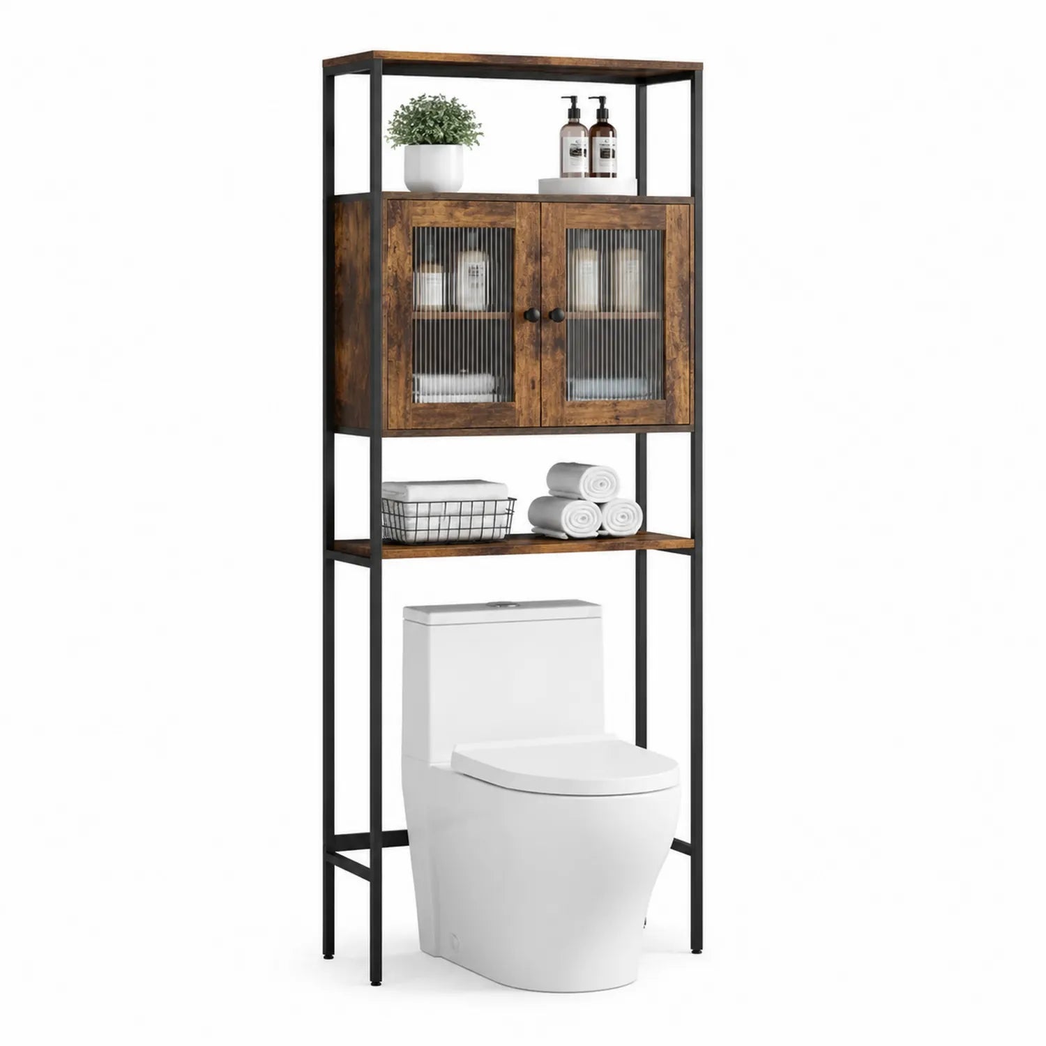 Badezimmerregal mit Holz und Metallrahmen in Braun und Schwarz