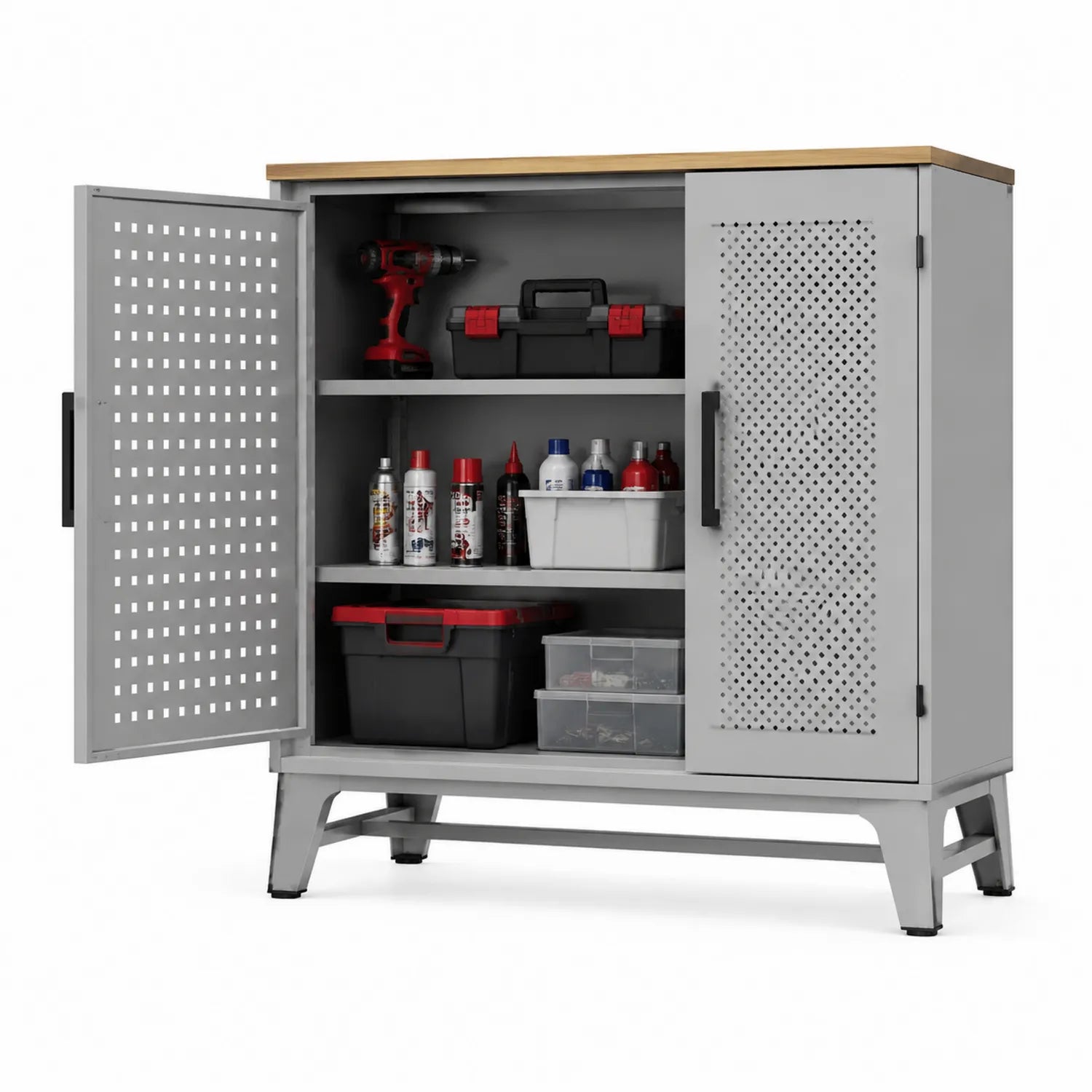 Metallschrank mit perforierten Türen und Holzoberfläche, 90x90x40 cm, Grau