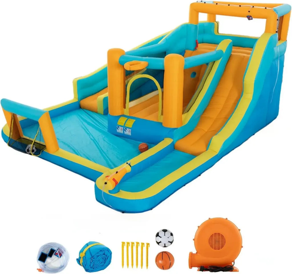Aufblasbare Hüpfburg XXL 7-in-1 mit Gebläse, Kletterwand, Wasserrutsche, Basketballkorb, für Innen- und Außenbereich, EN71 zertifiziert