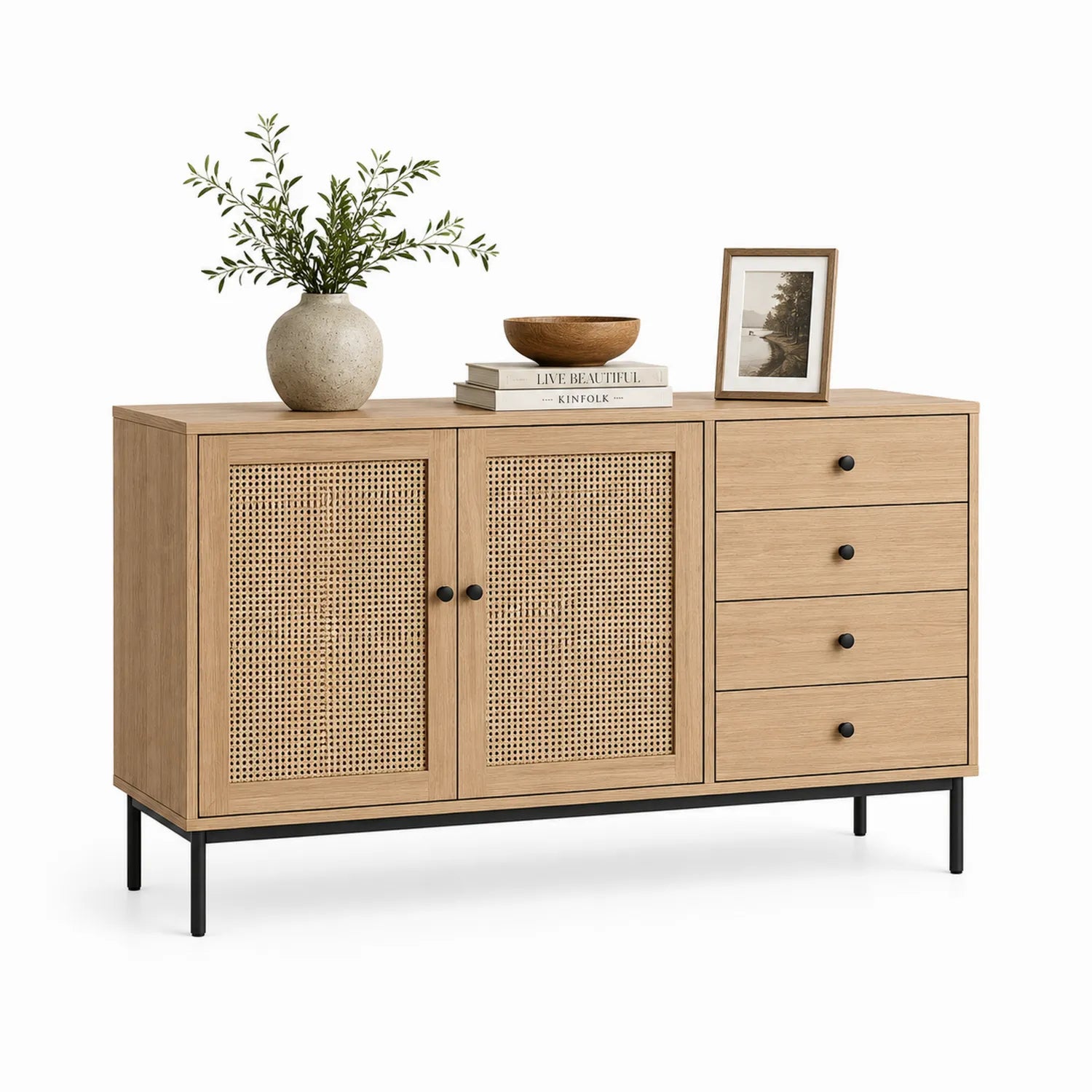 Sideboard mit Eichenholz und Rattan, Natur/Schwarz