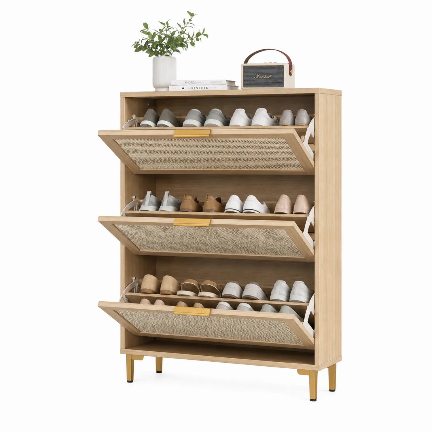 Schuhschrank mit Kippfächern Holz 3 Ebenen Eiche 120cm Natur