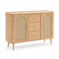 Sideboard aus Eichenfurnier und Rattan mit Messinggriffen