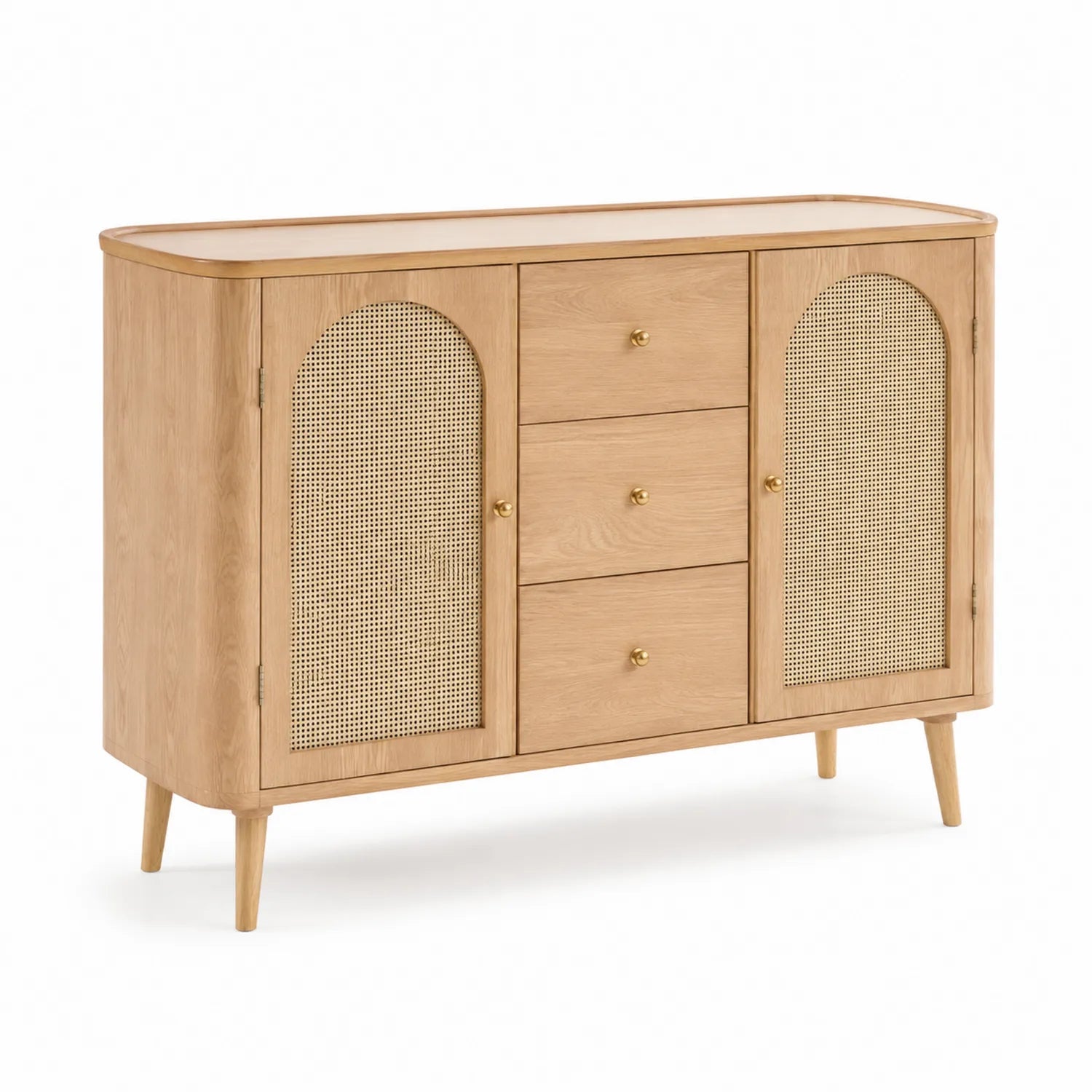 Sideboard aus Eichenfurnier und Rattan mit Messinggriffen
