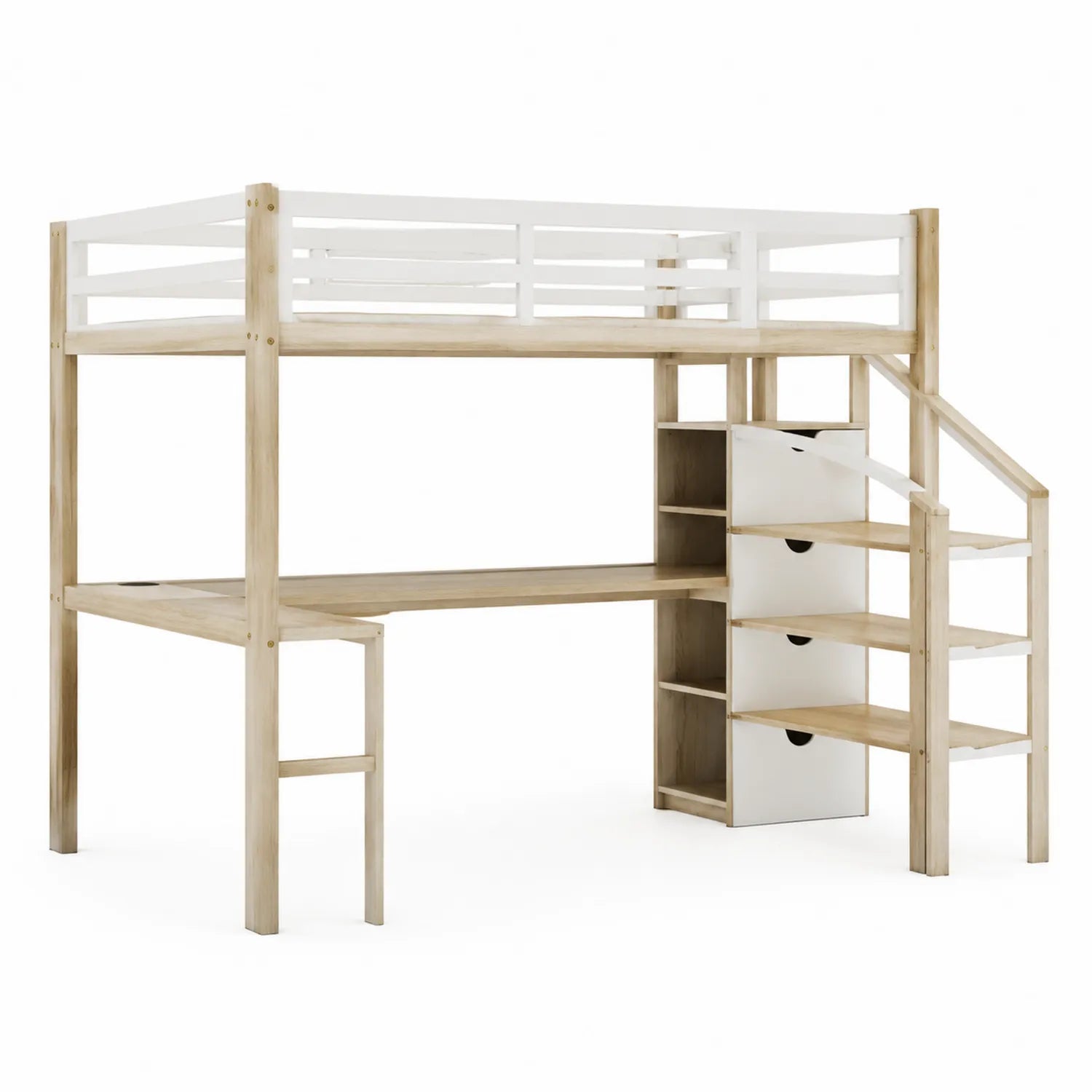 Hochbett mit Schreibtisch und Regal, Kiefernholz, Beige/Weiß