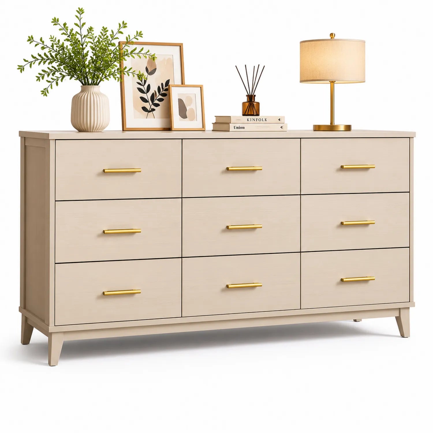 Holz Kommode mit 9 Schubladen Beige 160cm