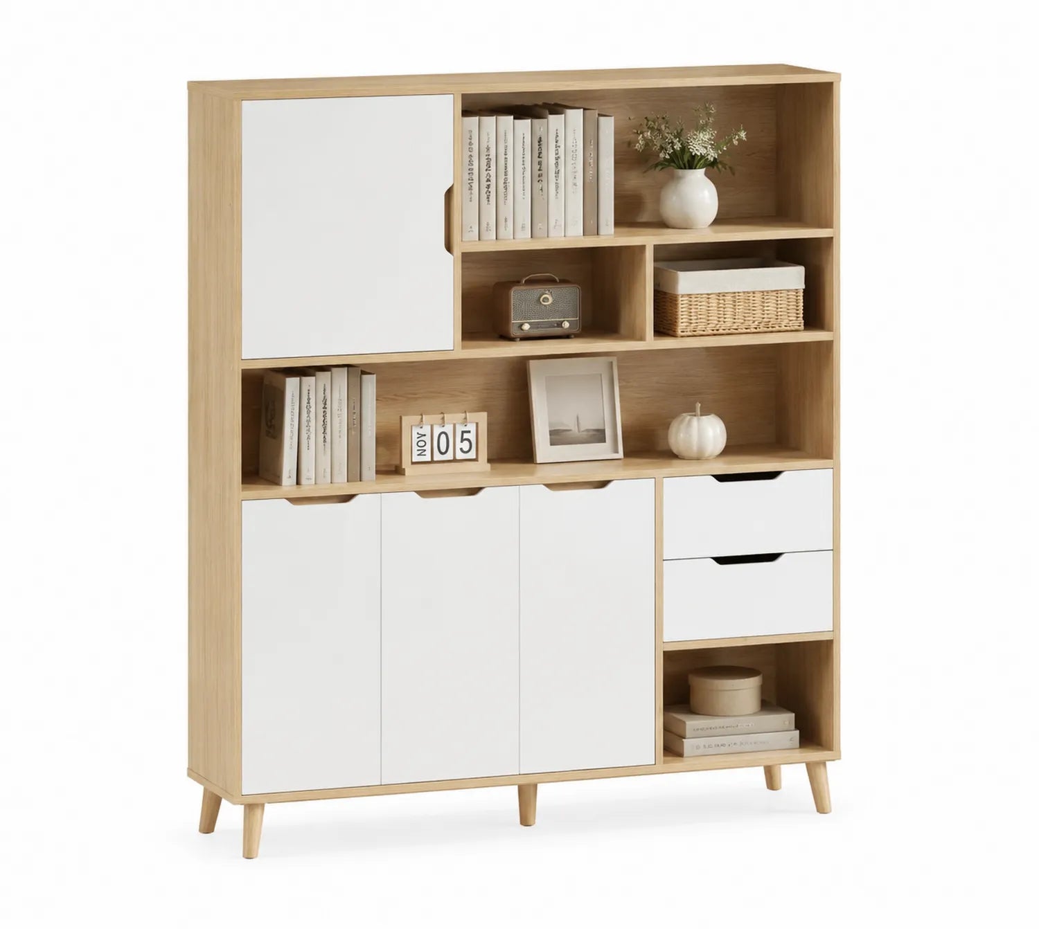 MDF Bücherregal mit Schranktüren Eiche Weiß 180x120x35cm