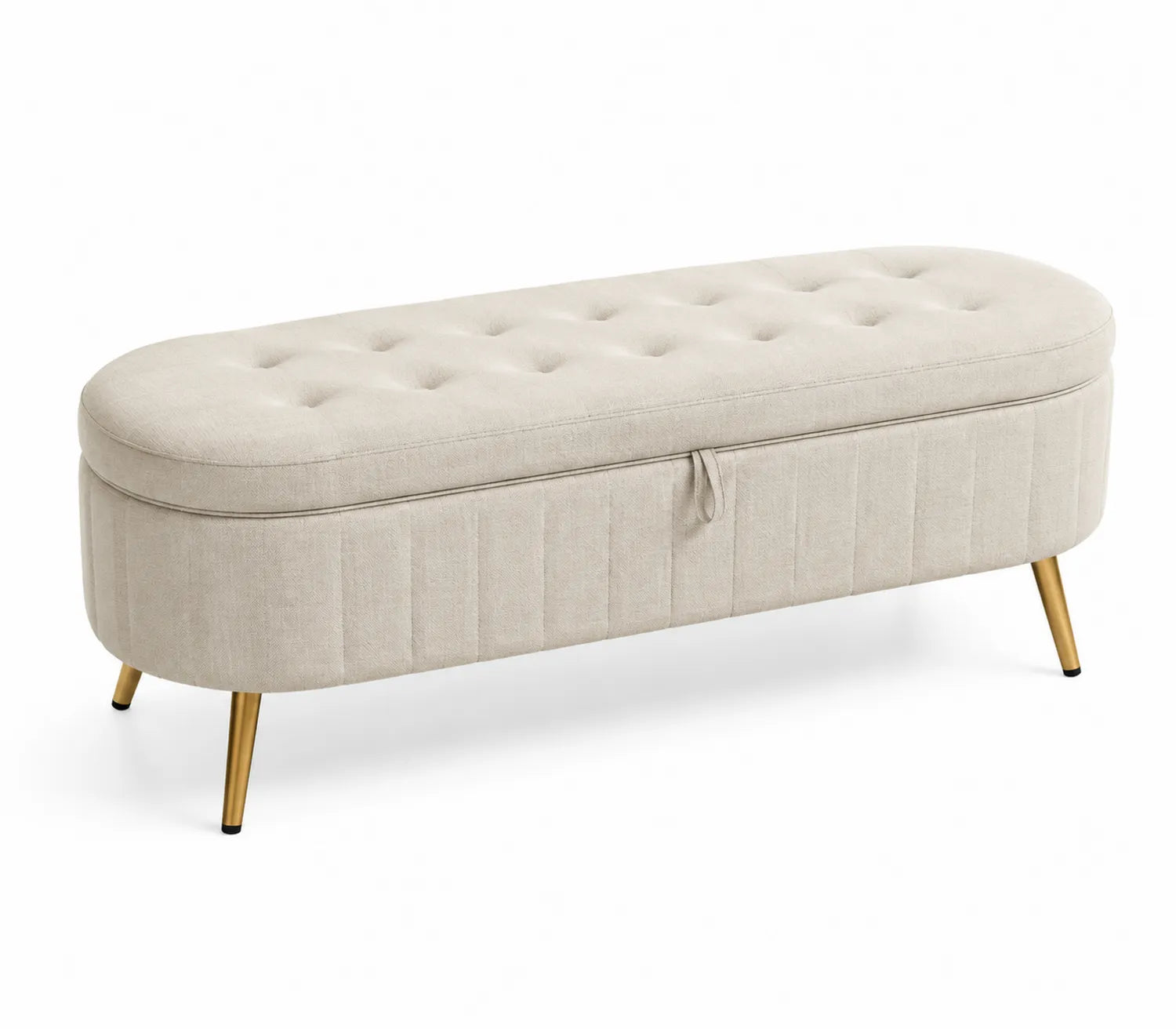 Polsterbank oval mit Stauraum, Leinen, Beige, 120x45x40 cm