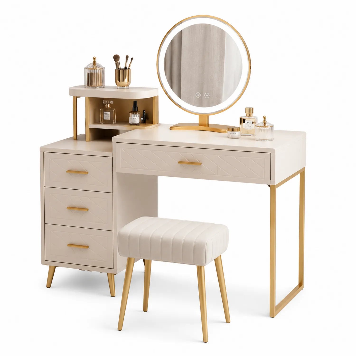 Beige/Gold Schminktisch Set mit Spiegel, Holz und Metall, 3 Schubladen