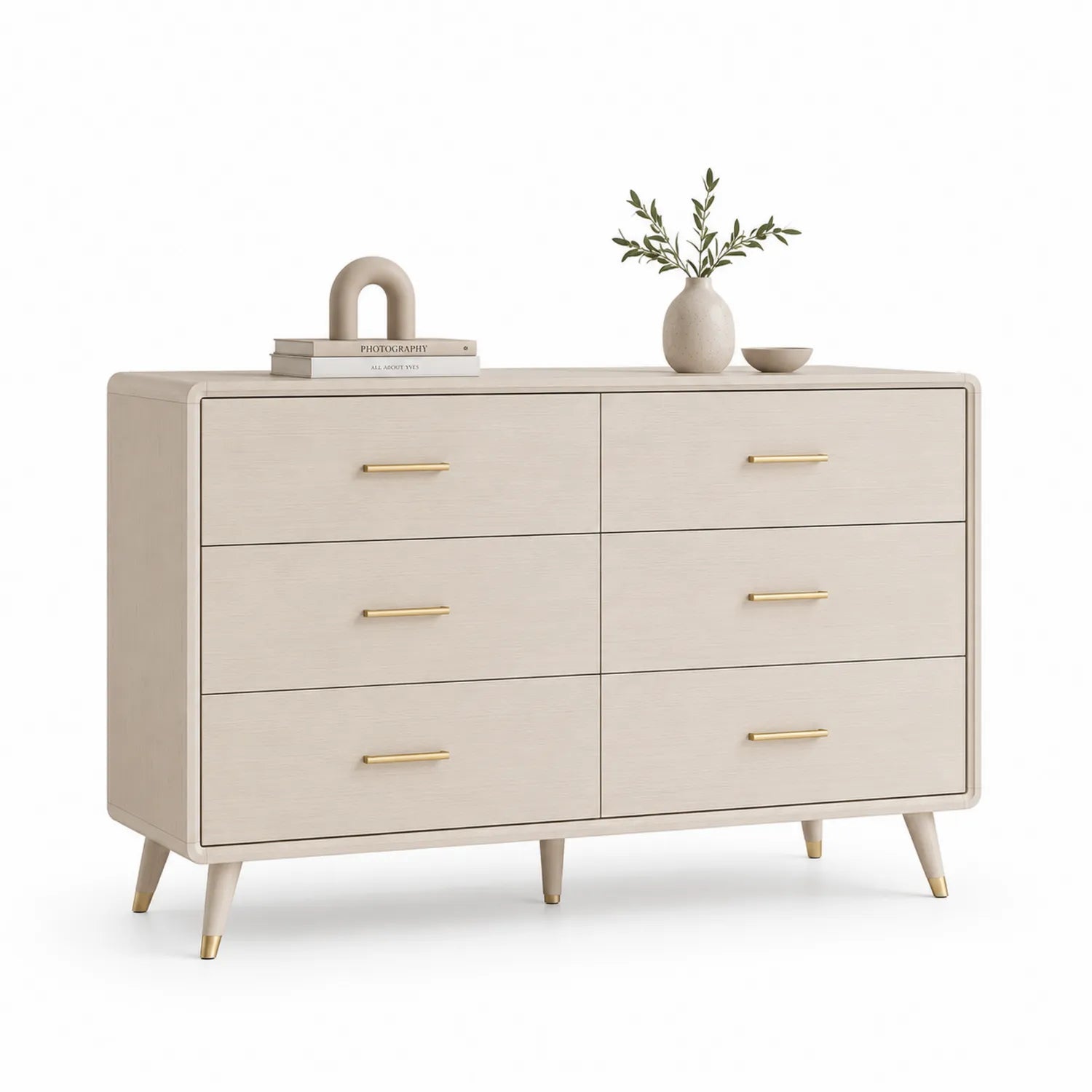 Beige Kommode mit 6 Schubladen aus Holz und Metall