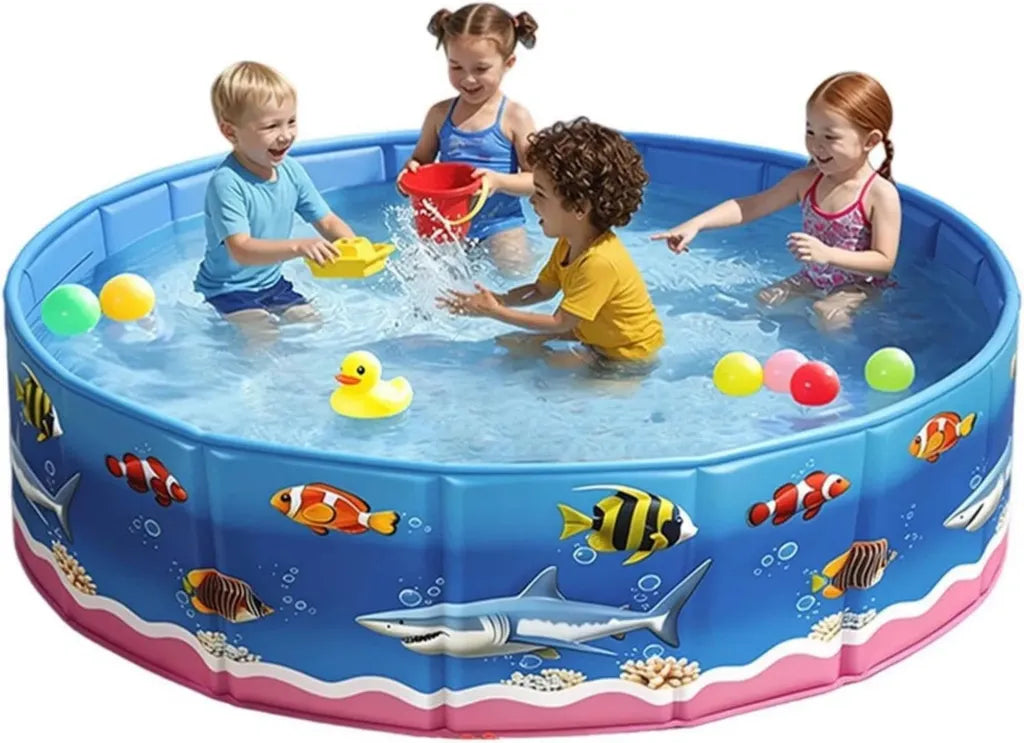 Runder Kunststoff-Pool mit Meeresthema - Faltbar und ohne Aufblasen - Ideal für Kinder und Haustiere im Garten