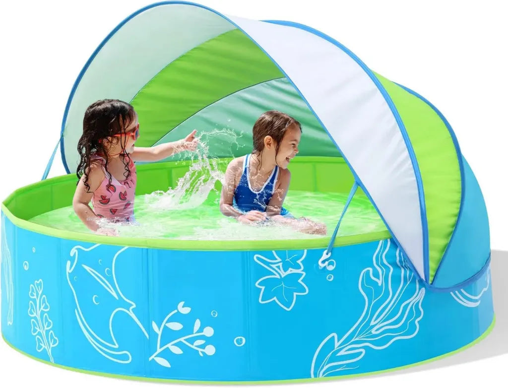 Hikiddy Pop-Up Planschbecken mit Sonnenschutz für Strand und Garten, 120 cm Grün-Blau