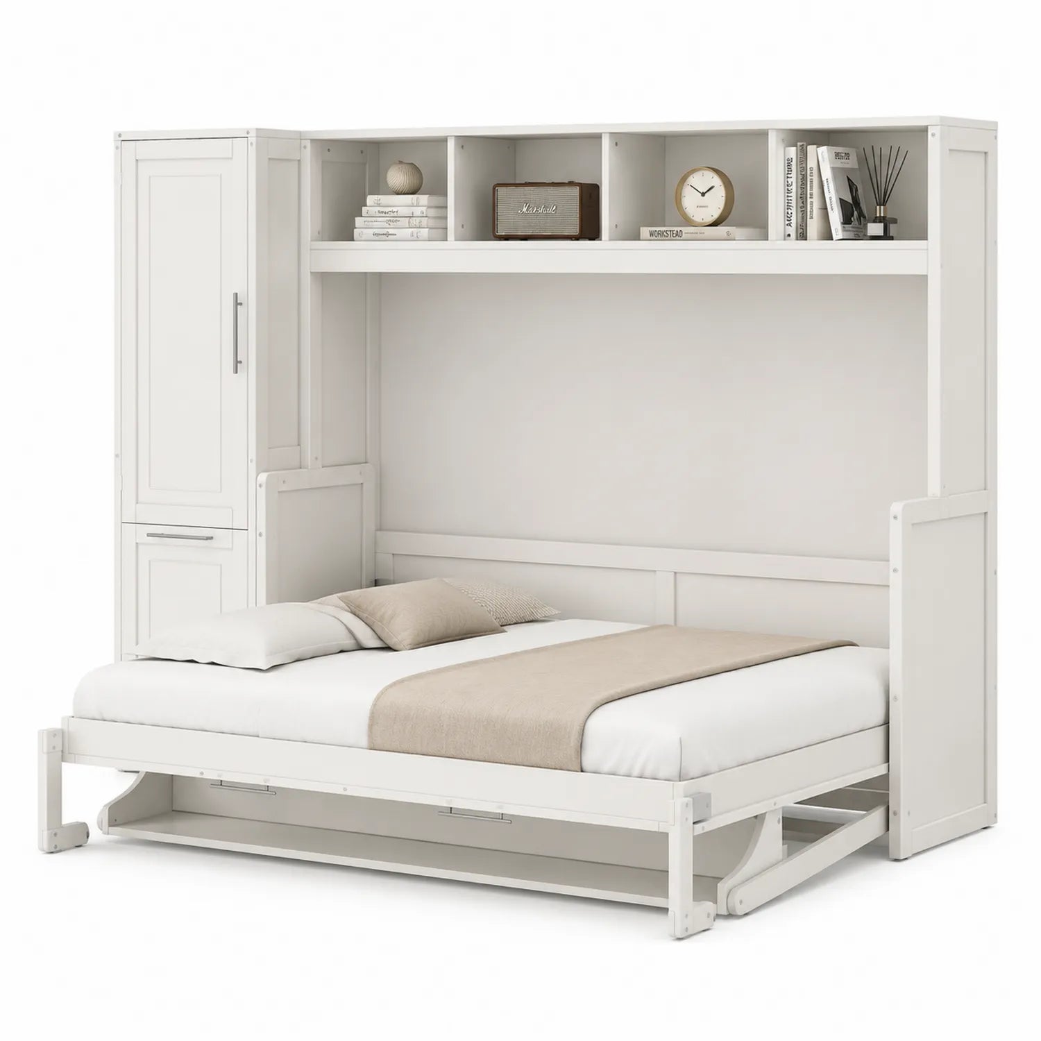 Murphy-Klappbett aus Holz mit Regal und Schrank, Weiß, 200x160 cm