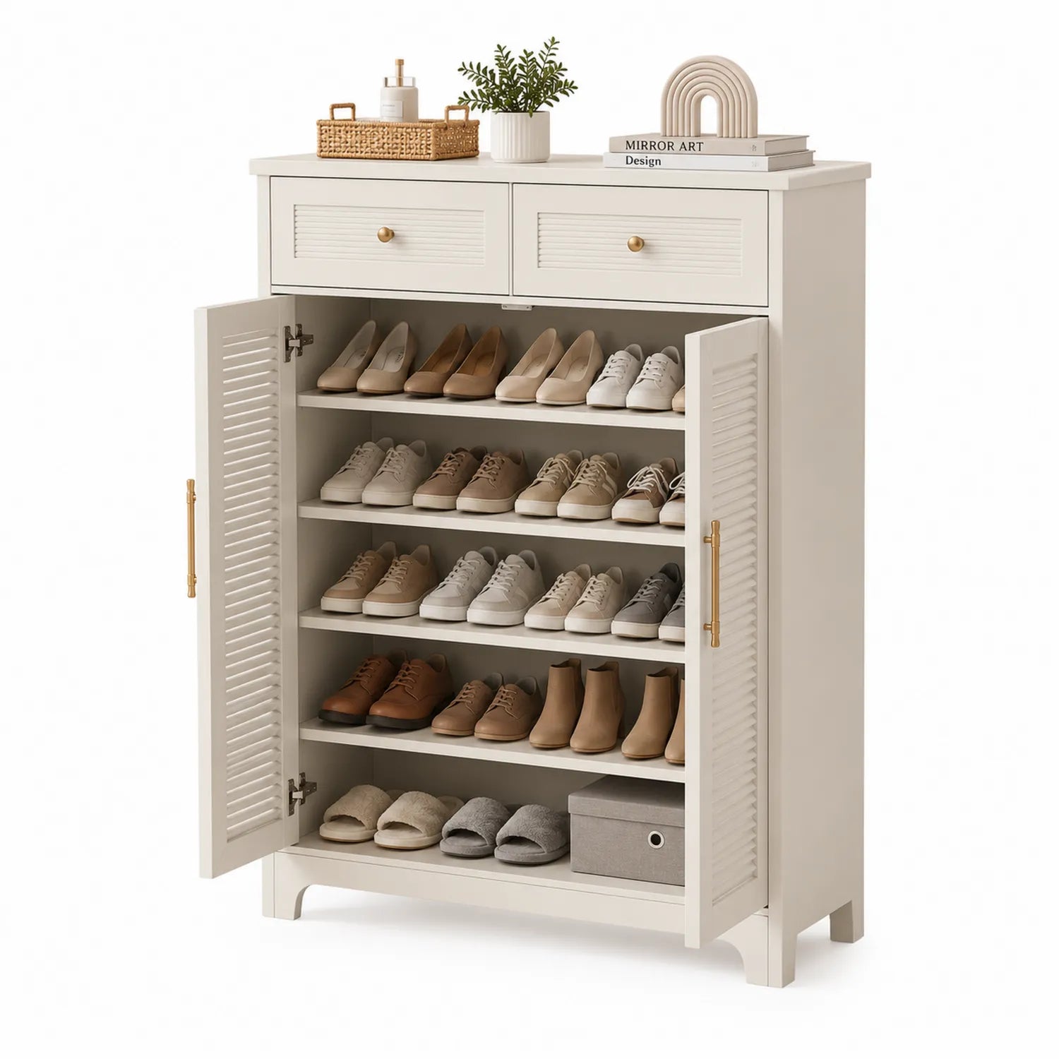 Schuhschrank aus Holz mit Metallgriffen, Cremeweiß