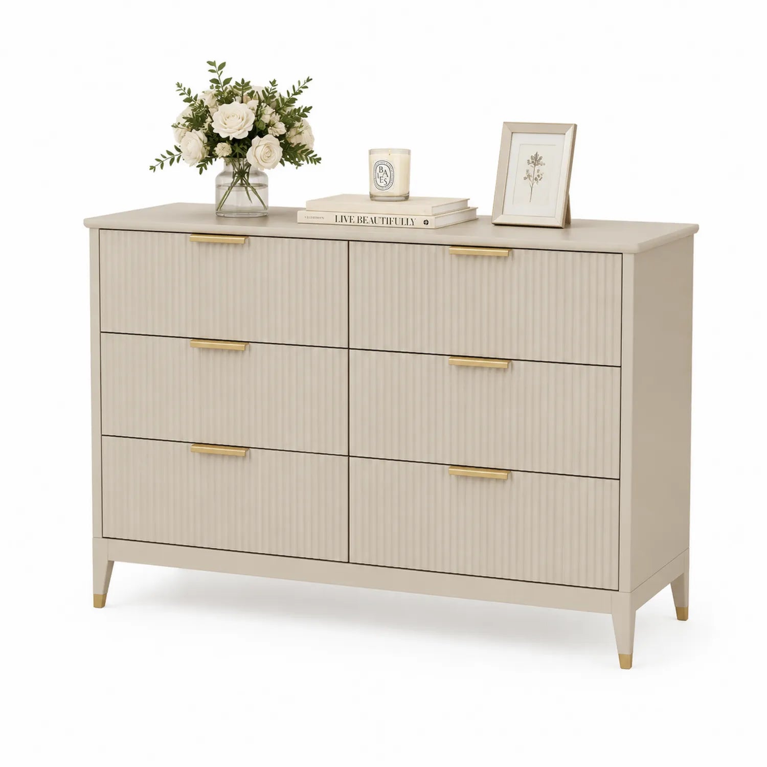 Kommode 6 Schubladen Holz mit Metallgriffen Beige