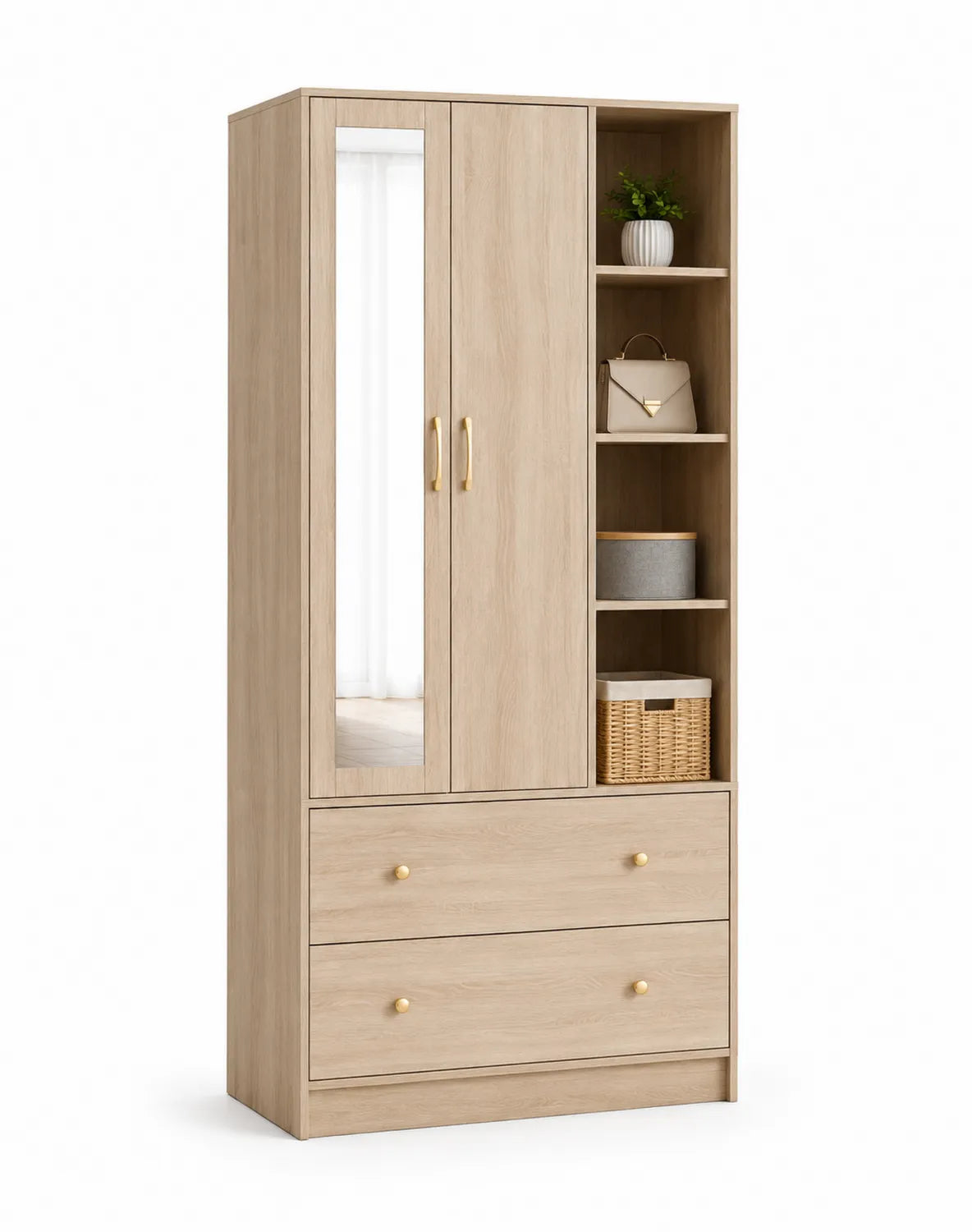 Kleiderschrank aus Holz mit Spiegel und Regalen 180cm x 80cm x 50cm